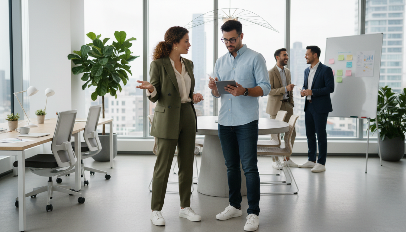 A stylish and modern office scene featuring a diverse group of professionals dressed in chic work outfits complemented by trendy white sneakers. In the foreground, a confident woman wearing tailored trousers and a crisp blouse, paired with fashionable white sneakers, engages in a discussion. To her right, a man in a smart casual button-up shirt, dark jeans, and white sneakers reviews documents. In the background, a bright, airy office space with large windows allows natural light to flood in, creating a warm and inviting atmosphere. The sleek furniture and greenery add a touch of contemporary elegance, enhancing the feeling of a productive yet relaxed work environment. This composition captures a perfect blend of professionalism and comfort.