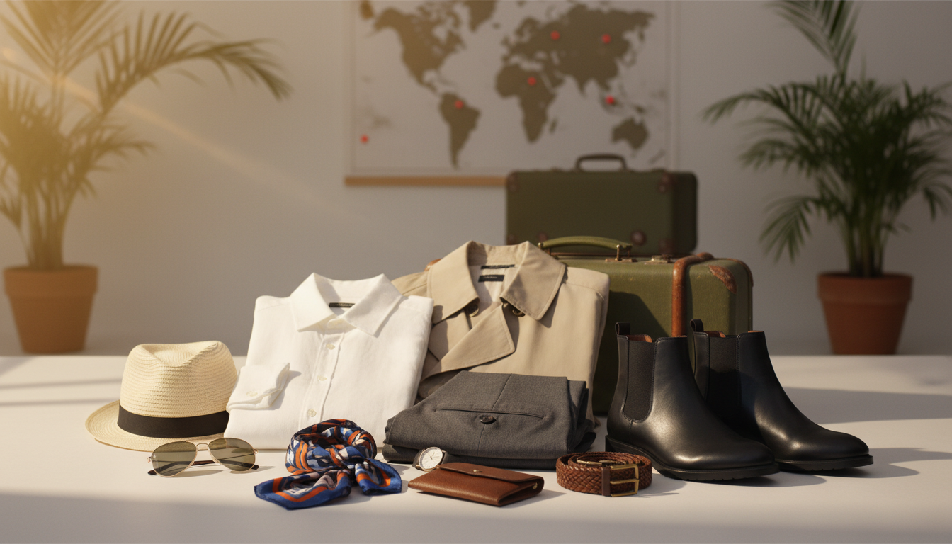 A stylish arrangement of mix-and-match travel outfits on a clean, minimalist backdrop. In the foreground, showcase a variety of interchangeable pieces including a classic white shirt, tailored navy trousers, a lightweight khaki jacket, and a pair of versatile black shoes. The middle area features vibrant accessories such as a colorful scarf and a chic belt, enhancing the overall look. The background is softly blurred, depicting a travel-themed setting with a stylish suitcase and a vibrant travel map. The lighting is warm and inviting, simulating a bright, sunny day. The mood is casual yet sophisticated, ideal for a professional or leisure travel context. Aim for a polished, curated aesthetic that embodies the essence of efficient packing and stylish versatility.