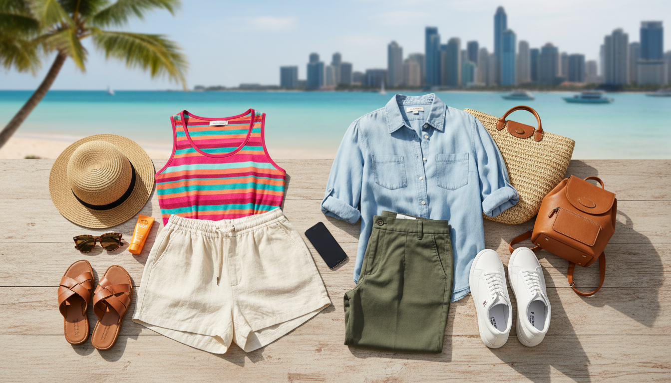 A stylish flat lay arrangement of versatile outfits suitable for both beach and city travel. In the foreground, there are two mix and match ensembles: one featuring lightweight linen shorts paired with a bright, colorful tank top and stylish sandals, while the other showcases tailored chinos with a casual, breathable button-up shirt and trendy sneakers. Interspersed among the clothing are accessories like sunglasses, a sun hat, and a beach tote, adding a playful vibe. In the middle, a vivid, sunlit backdrop of a beach and a city skyline creates a dual atmosphere, with soft focus on the backgrounds. The image should be well-lit with natural sunlight, capturing bright colors and textures to convey a warm, inviting mood, ideal for showcasing versatile travel style options. A stylish flat lay arrangement of versatile outfits suitable for both beach and city travel. In the foreground, there are two mix and match ensembles: one featuring lightweight linen shorts paired with a bright, colorful tank top and stylish sandals, while the other showcases tailored chinos with a casual, breathable button-up shirt and trendy sneakers. Interspersed among the clothing are accessories like sunglasses, a sun hat, and a beach tote, adding a playful vibe. In the middle, a vivid, sunlit backdrop of a beach and a city skyline creates a dual atmosphere, with soft focus on the backgrounds. The image should be well-lit with natural sunlight, capturing bright colors and textures to convey a warm, inviting mood, ideal for showcasing versatile travel style options.