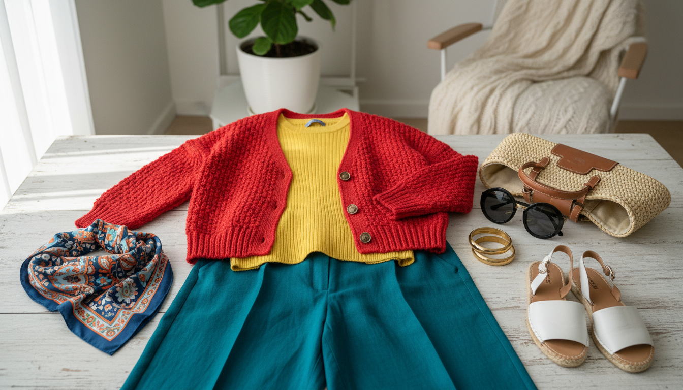 A stylish flat lay composition showcasing a bold color cardigan combination on a wooden surface. The centerpiece features a vibrant red cardigan with chunky texture, paired with a bright yellow top underneath and contrasting teal wide-leg trousers. Surrounding the outfit are playful accessories like a patterned scarf and oversized sunglasses, adding depth to the scene. Natural daylight floods the setting, casting soft shadows to enhance the textures of the fabrics. The background includes hints of a casual living space, such as a potted plant and a cozy knitted blanket, creating an inviting atmosphere. The overall mood is cheerful and stylish, perfect for daily life outfit inspiration.