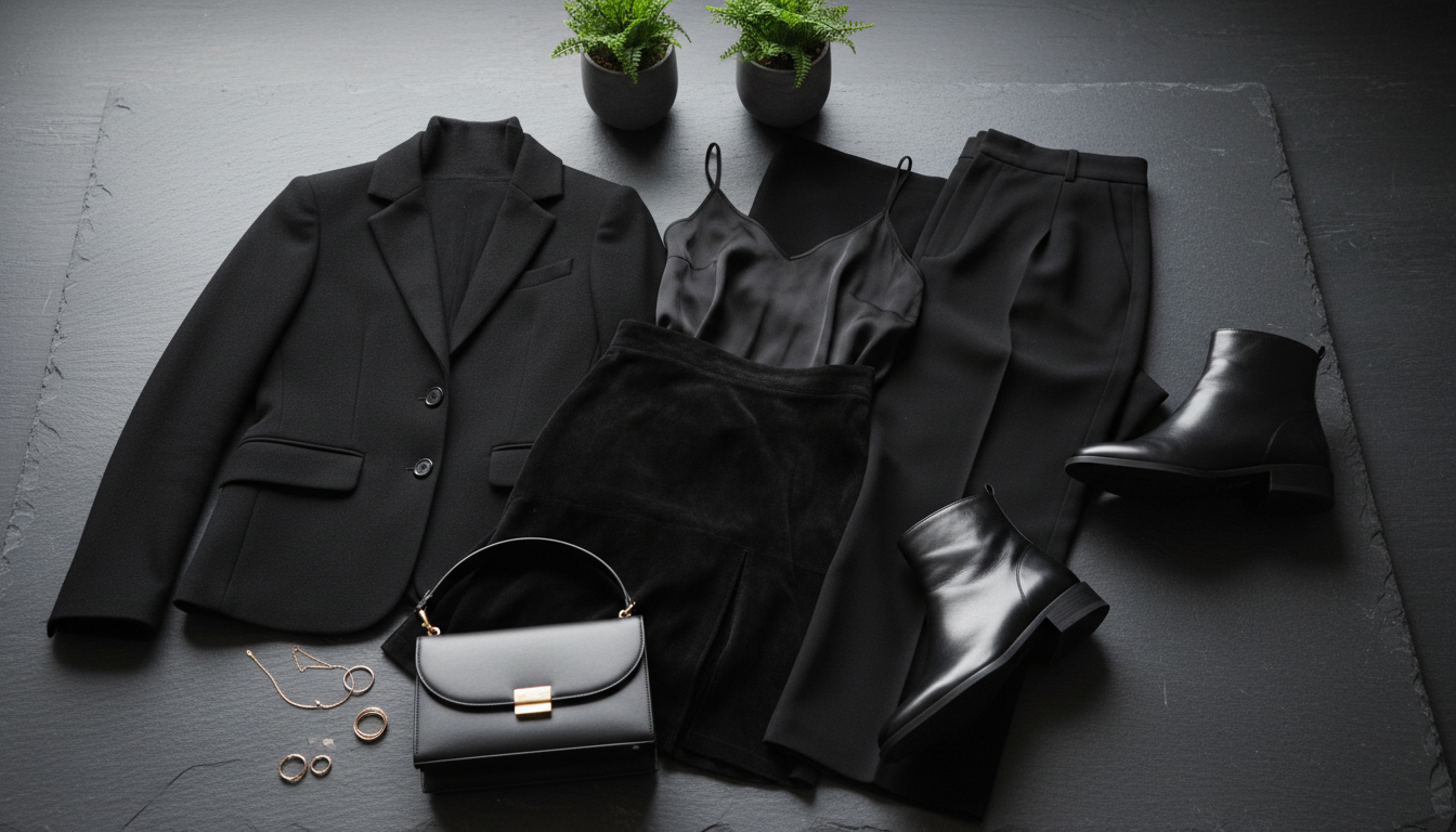 A stylish flat lay display of an all-black ensemble featuring a tailored blazer, a chic black turtleneck, high-waisted trousers, and ankle boots, arranged artfully on a textured dark surface. In the foreground, a black leather handbag and minimalist jewelry pieces create an elegant touch. In the middle ground, a dynamic layering of different black fabrics, such as suede and silk, showcases texture contrast and creative pairing options. The background features soft, diffused lighting that highlights the richness of the black colors without overpowering them, creating a moody, sophisticated atmosphere. A hint of greenery from small potted plants adds a refreshing contrast, subtly elevating the ensemble’s visual appeal. The angle is slightly elevated, capturing the ensemble with a sleek, modern aesthetic suitable for everyday wear.