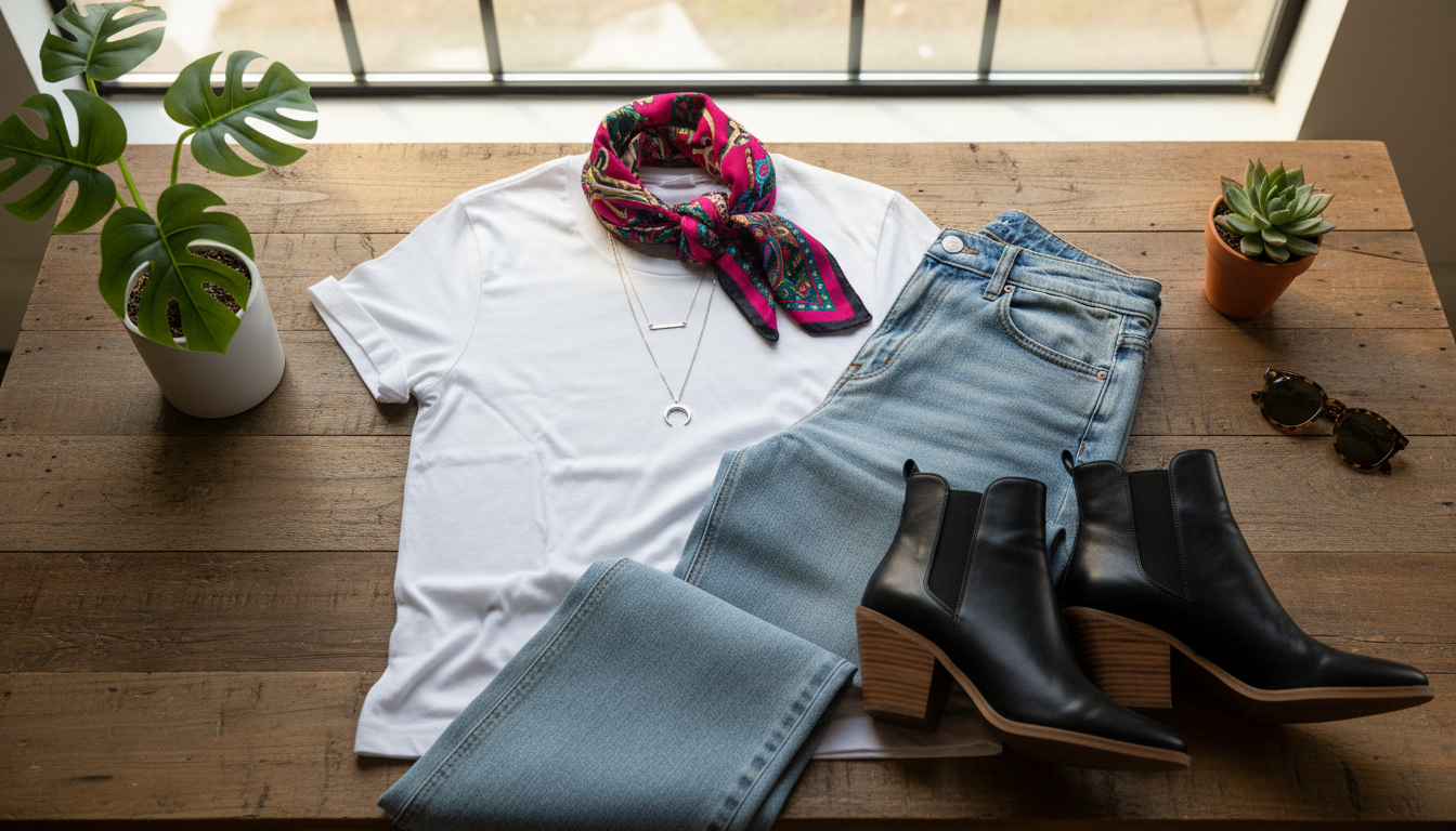 A stylish flat lay showcasing a basic white tee as the centerpiece, elegantly customized with various accessories. In the foreground, the tee is adorned with a colorful patterned scarf tied around the neck and layered with minimalist silver jewelry. Midway, a pair of trendy high-waisted jeans and stylish ankle boots are artfully arranged, creating a fashionable ensemble. In the background, soft, diffused natural light illuminates the scene from a nearby window, casting gentle shadows. Enhance the ambiance with a few green indoor plants and a rustic wooden table for texture. The mood should feel inviting, creative, and inspiring, perfect for anyone wanting to elevate their outfit with basic pieces. A stylish flat lay showcasing a basic white tee as the centerpiece, elegantly customized with various accessories. In the foreground, the tee is adorned with a colorful patterned scarf tied around the neck and layered with minimalist silver jewelry. Midway, a pair of trendy high-waisted jeans and stylish ankle boots are artfully arranged, creating a fashionable ensemble. In the background, soft, diffused natural light illuminates the scene from a nearby window, casting gentle shadows. Enhance the ambiance with a few green indoor plants and a rustic wooden table for texture. The mood should feel inviting, creative, and inspiring, perfect for anyone wanting to elevate their outfit with basic pieces.