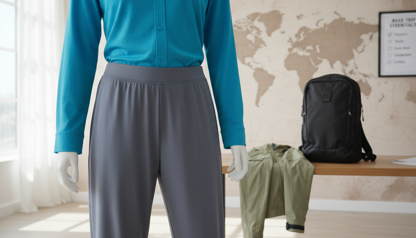 A stylish selection of wrinkle-free, breathable travel clothing displayed on a mannequin in a well-lit, airy room. In the foreground, focus on a lightweight, wrinkle-resistant shirt made from a moisture-wicking fabric, paired with comfortable, breathable travel pants. The shirt is in a vibrant color, showcasing its texture and quality, while the pants are softly draped to emphasize their flexibility. In the middle ground, a neatly folded travel jacket and a sleek travel backpack are present, enhancing the travel theme. The background features a subtle hint of a map and a road trip essentials checklist to create a sense of adventure, bathed in soft, natural lighting from a nearby window, giving an inviting and fresh atmosphere.