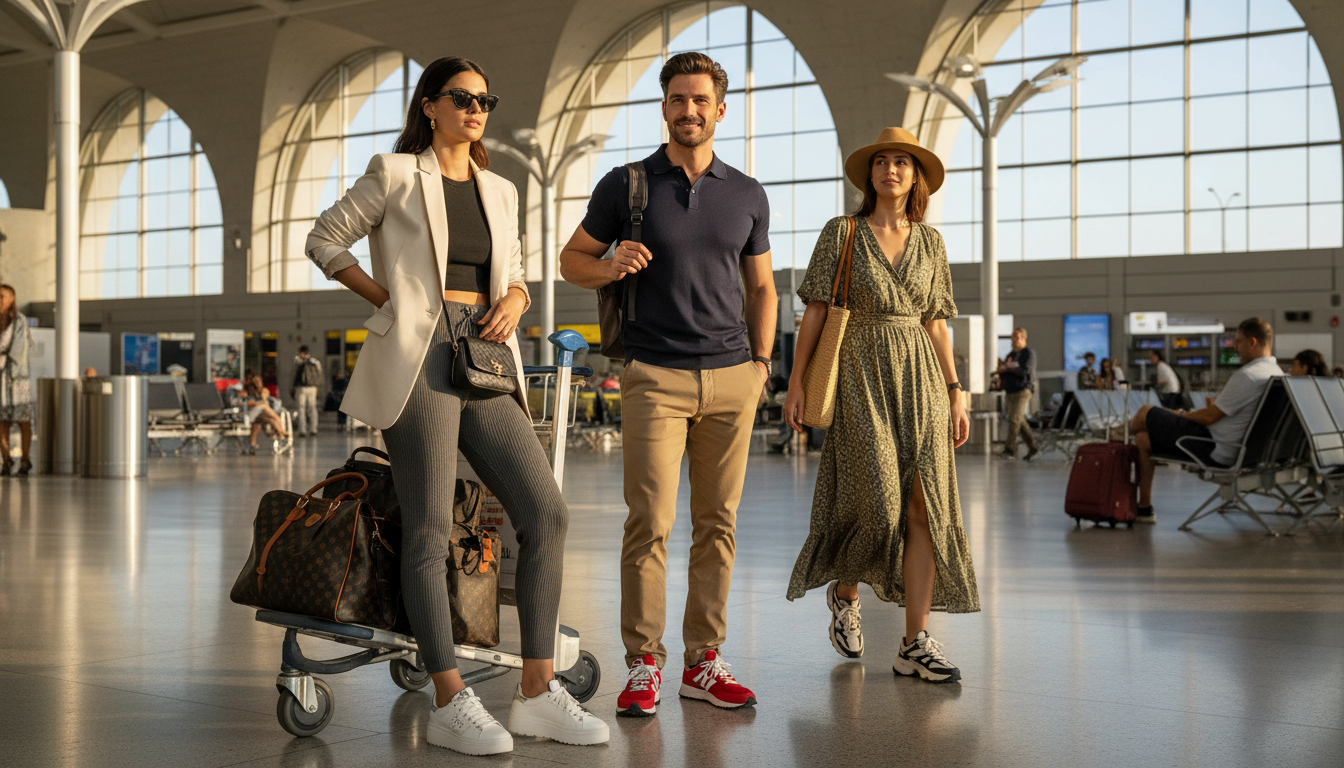A stylish travel scene featuring a diverse group of three individuals effortlessly pairing trendy sneakers with chic travel outfits. In the foreground, a woman in a tailored blazer and stylish joggers gracefully leans against a luggage cart, showcasing sleek sneakers. Beside her, a man wears a fitted shirt and smart casual trousers, complementing his look with vibrant sneakers. In the middle ground, another woman exudes elegance in a flowing maxi dress paired with sporty sneakers, adding a playful touch. The background captures a bustling airport terminal filled with travelers, bathed in soft, natural light pouring through large windows. A warm and inviting atmosphere emphasizes comfort and style, reflecting the perfect blend of casual looks with polished touches for stress-free travel days.
