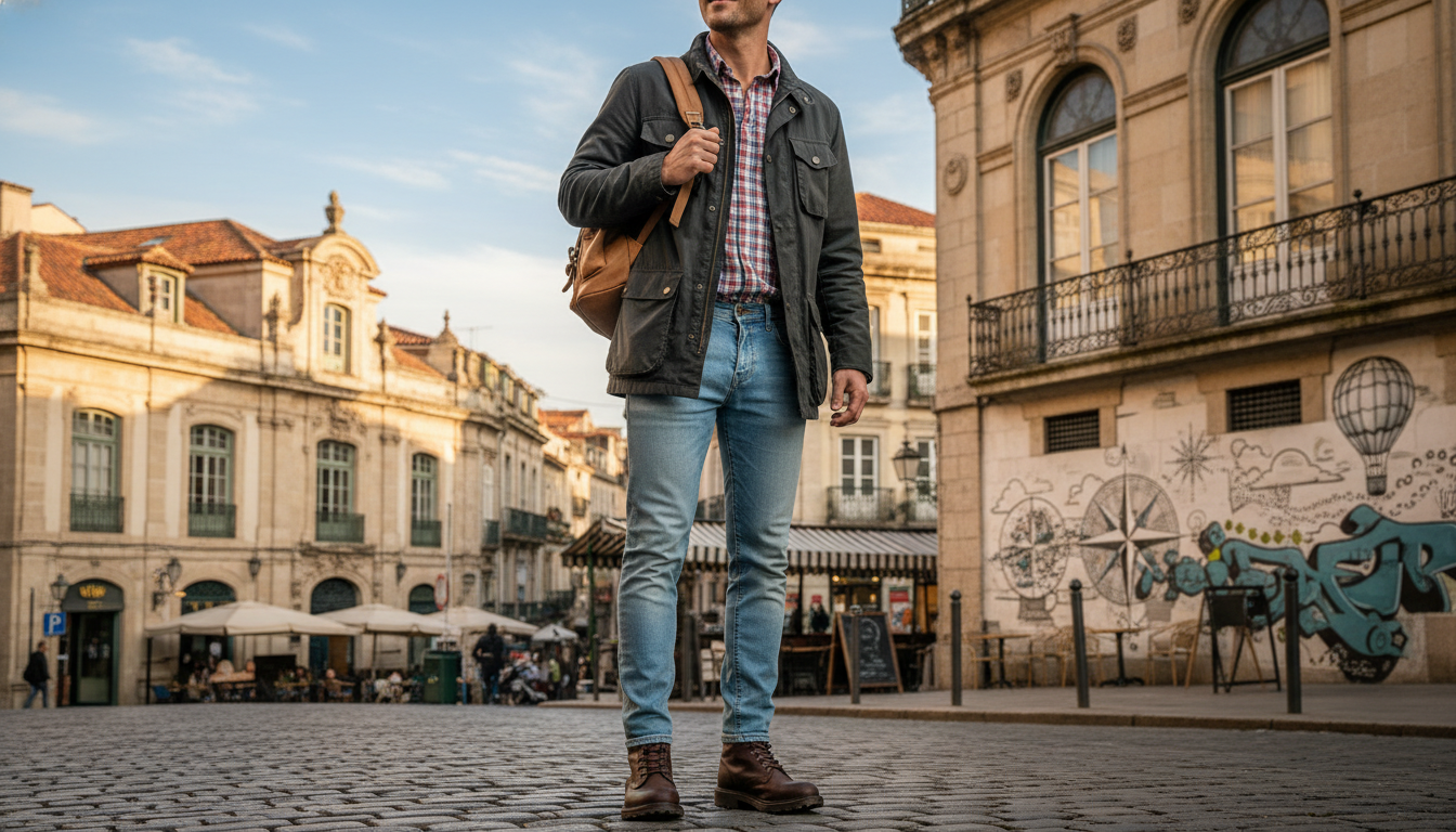 A stylish traveler stands on a cobblestone street, dressed in a casual yet chic outfit perfect for weekend adventures. The foreground features the traveler in comfortable, well-fitted denim jeans and a lightweight, breathable plaid shirt, layered with a versatile jacket. Complement the outfit with sturdy but fashionable ankle boots and a classic backpack slung over one shoulder. In the middle ground, quaint cafes and vibrant street art create an inviting travel atmosphere, hinting at exploration and discovery. The background showcases charming European architecture under a bright, sunny sky, casting soft, warm lighting that enhances the overall mood of wanderlust and spontaneity. Capture with a slightly angled perspective to add depth and highlight the traveler's expression of excitement. A stylish traveler stands on a cobblestone street, dressed in a casual yet chic outfit perfect for weekend adventures. The foreground features the traveler in comfortable, well-fitted denim jeans and a lightweight, breathable plaid shirt, layered with a versatile jacket. Complement the outfit with sturdy but fashionable ankle boots and a classic backpack slung over one shoulder. In the middle ground, quaint cafes and vibrant street art create an inviting travel atmosphere, hinting at exploration and discovery. The background showcases charming European architecture under a bright, sunny sky, casting soft, warm lighting that enhances the overall mood of wanderlust and spontaneity. Capture with a slightly angled perspective to add depth and highlight the traveler's expression of excitement.