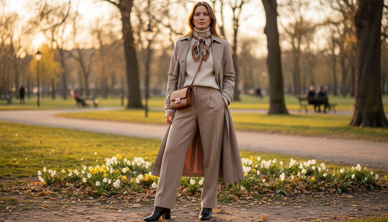 A stylish woman stands confidently in a serene, seasonal outdoor setting, showcasing a neutral outfit perfect for transitional weather. The foreground features her elegantly layered ensemble, including a light taupe trench coat, a cream-colored turtleneck sweater, and tailored beige trousers. Accessories such as a silk scarf and minimalist leather boots add subtle sophistication. In the middle ground, soft autumn leaves or budding spring flowers create an inviting backdrop, enhancing the seasonal theme. The background depicts a gentle, blurred park scene with warm, diffused golden hour light casting a soft glow, evoking a relaxed and stylish atmosphere. The composition is captured from a slightly low angle, emphasizing the outfit while maintaining the tranquil essence of the environment.