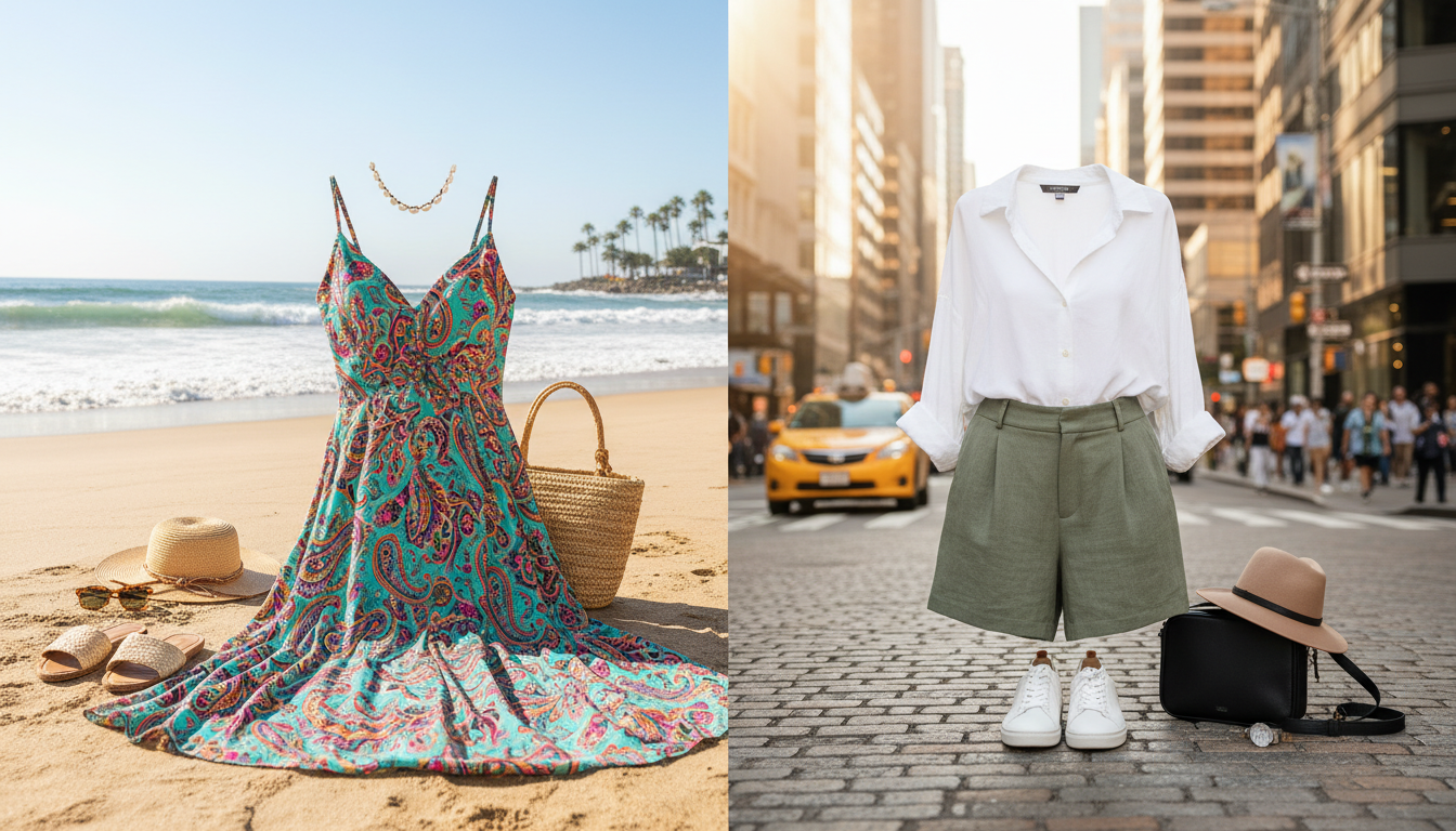 city travel outfits vs beach outfits