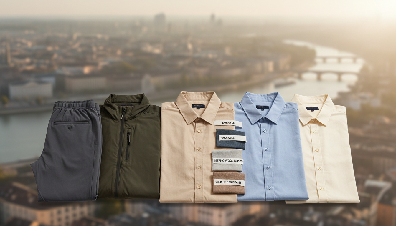 A neatly arranged flat lay composition showcasing essential travel pieces for a wrinkle-free wardrobe. In the foreground, feature a selection of lightweight, breathable shirts in various neutral colors, such as beige, light blue, and soft white. Include a pair of stylish, non-creasing travel pants made from stretchy, wrinkle-resistant fabric in a relaxed fit, placed to one side. Add a versatile outer layer like a sleek, packable jacket in a subtle dark tone. In the middle area, include textured fabric swatches representing the materials used, emphasizing their durability and travel-friendly qualities. The background should be softly blurred with a travel-related theme, such as a forested area or a cityscape, conveying a sense of adventure. Utilize natural, diffused sunlight to create a warm, inviting atmosphere, with a slight overhead angle to capture all elements harmoniously.