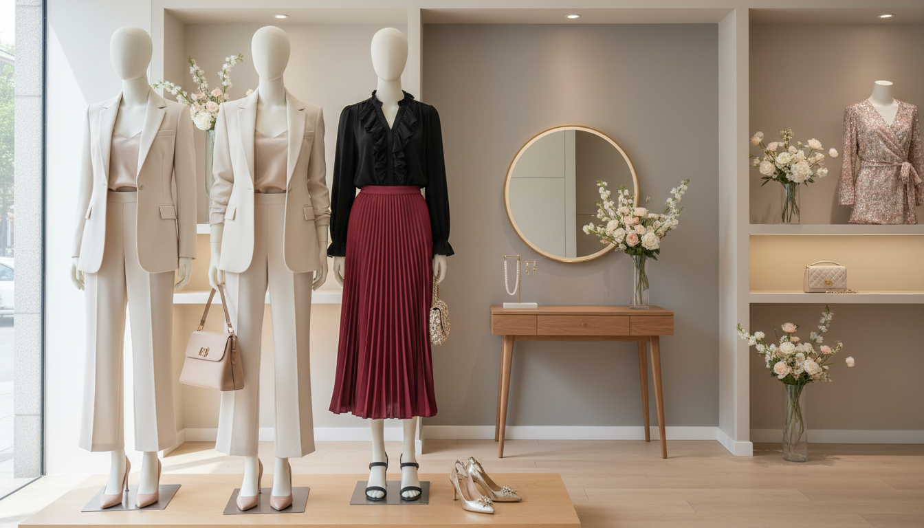 A stylish and versatile clothing display showcasing day to evening outfits for women. In the foreground, feature a collection of outfits on elegant mannequins, including tailored blazers, chic blouses, and flowing skirts, alongside a pair of sophisticated heels and a stylish handbag. In the middle ground, a soft, minimalistic setting with a wooden dressing table adorned with accessories like statement jewelry and a stylish watch. The background should feature a softly lit boutique ambiance with neutral colors and floral decor, creating a warm, inviting atmosphere. Use natural lighting to enhance the textures of the fabrics, captured from a slightly elevated angle to provide a broad view of the outfits. Aim for a polished, inspiring mood that highlights fashion versatility for various occasions. A stylish and versatile clothing display showcasing day to evening outfits for women. In the foreground, feature a collection of outfits on elegant mannequins, including tailored blazers, chic blouses, and flowing skirts, alongside a pair of sophisticated heels and a stylish handbag. In the middle ground, a soft, minimalistic setting with a wooden dressing table adorned with accessories like statement jewelry and a stylish watch. The background should feature a softly lit boutique ambiance with neutral colors and floral decor, creating a warm, inviting atmosphere. Use natural lighting to enhance the textures of the fabrics, captured from a slightly elevated angle to provide a broad view of the outfits. Aim for a polished, inspiring mood that highlights fashion versatility for various occasions.