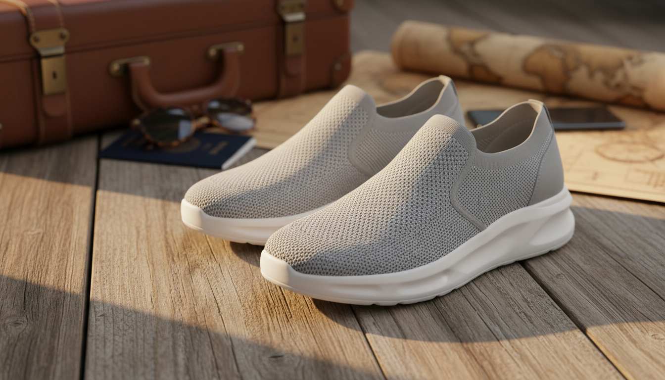 A stylish pair of slip-on shoes designed for travel, placed on a textured wooden surface to highlight their functionality. The shoes showcase a sleek, modern design with breathable fabric and a cushioned sole, set against a soft-focus travel-themed background featuring a suitcase, a world map, and travel essentials like a passport and sunglasses. Natural lighting creates warm highlights, emphasizing the shoes' materials and craftsmanship, while a shallow depth of field draws attention to the footwear. The overall mood is relaxed and adventurous, perfect for travelers seeking convenience and comfort during their journeys. A stylish pair of slip-on shoes designed for travel, placed on a textured wooden surface to highlight their functionality. The shoes showcase a sleek, modern design with breathable fabric and a cushioned sole, set against a soft-focus travel-themed background featuring a suitcase, a world map, and travel essentials like a passport and sunglasses. Natural lighting creates warm highlights, emphasizing the shoes' materials and craftsmanship, while a shallow depth of field draws attention to the footwear. The overall mood is relaxed and adventurous, perfect for travelers seeking convenience and comfort during their journeys.