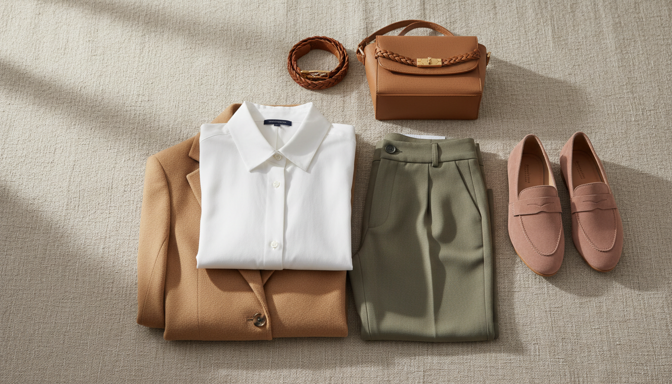 A beautifully arranged flat lay of a cohesive wardrobe, showcasing matching clothes that work harmoniously together. In the foreground, place neatly folded items: a tailored blazer, a crisp white shirt, a pair of tailored trousers, and a versatile dress. In the middle, include complementary accessories like a chic handbag, a stylish belt, and matching shoes. The background features a soft, textured fabric that adds depth, with natural light illuminating the scene to create a warm, inviting atmosphere. The color palette should be muted yet elegant, with earth tones and soft pastels that evoke a sense of sophistication and practicality. The image should convey a feeling of effortless style and organization, ideal for a modern, professional wardrobe. A beautifully arranged flat lay of a cohesive wardrobe, showcasing matching clothes that work harmoniously together. In the foreground, place neatly folded items: a tailored blazer, a crisp white shirt, a pair of tailored trousers, and a versatile dress. In the middle, include complementary accessories like a chic handbag, a stylish belt, and matching shoes. The background features a soft, textured fabric that adds depth, with natural light illuminating the scene to create a warm, inviting atmosphere. The color palette should be muted yet elegant, with earth tones and soft pastels that evoke a sense of sophistication and practicality. The image should convey a feeling of effortless style and organization, ideal for a modern, professional wardrobe.