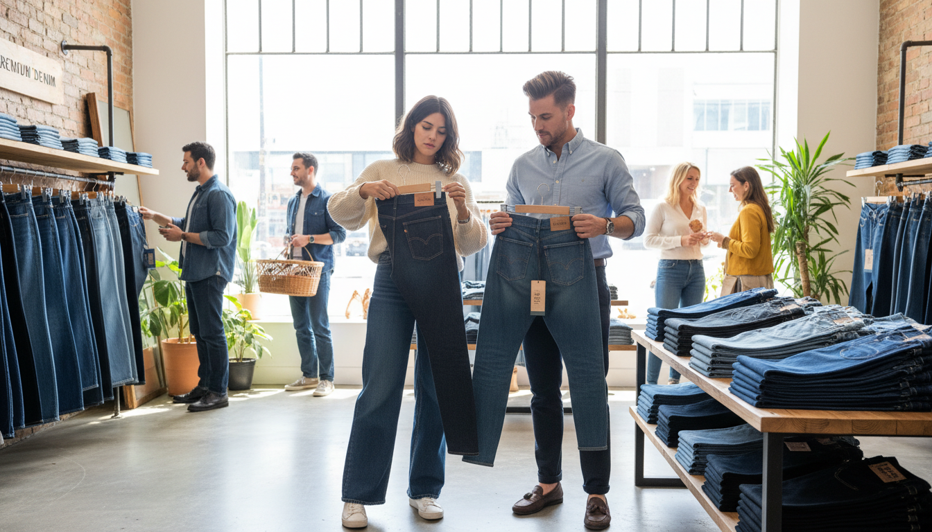 A bright and inviting clothing store interior featuring a diverse group of shoppers browsing through high-quality denim jeans. In the foreground, a young woman wearing stylish casual attire is holding up a pair of dark wash jeans, examining them with a thoughtful expression. Next to her, a man in a neatly fitted shirt is comparing two different styles of jeans. The middle ground showcases an organized display of various denim options, with tags visible to emphasize quality. The background is filled with soft, natural light streaming through large windows that illuminate the store, creating a warm atmosphere. The image captures a sense of casual sophistication and the joy of shopping smartly for quality fashion choices.
