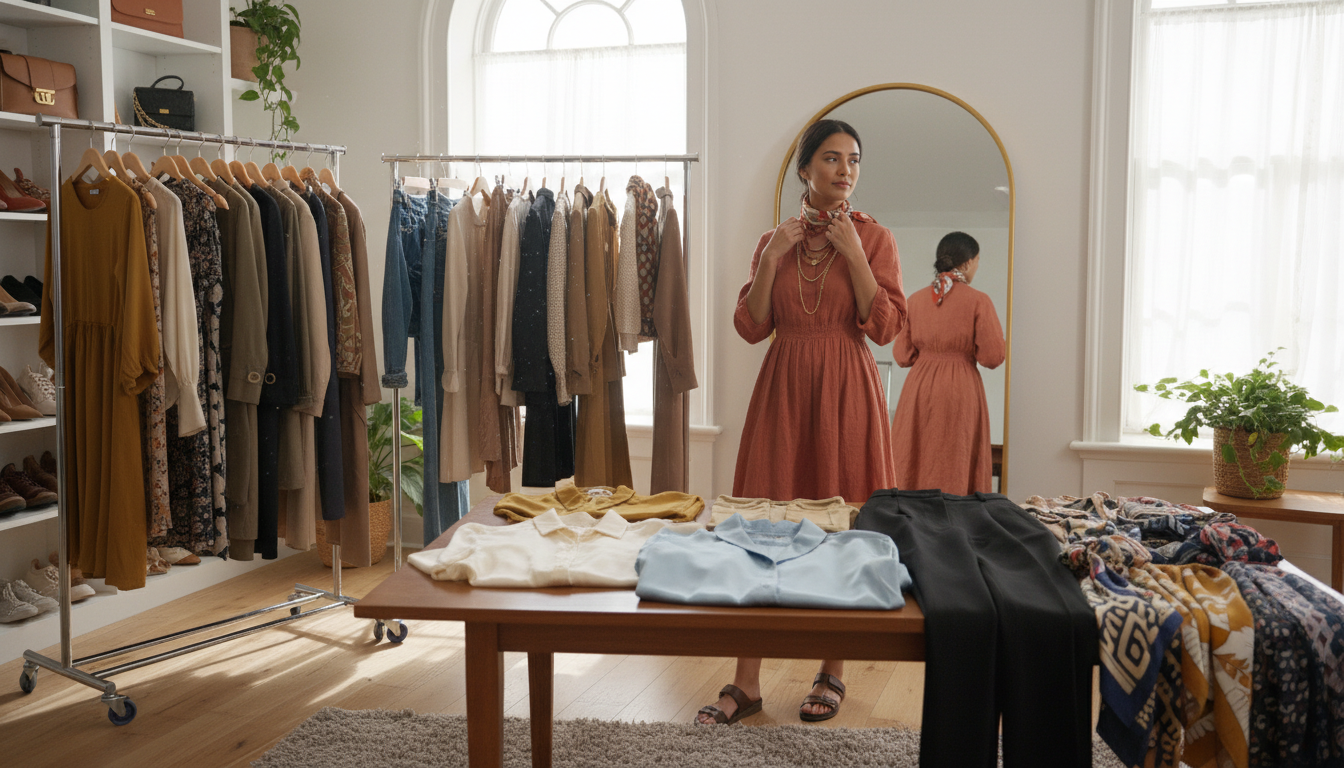 A bright, stylish room filled with a variety of clothes and accessories, showcasing a fashion-savvy individual curating outfits. In the foreground, a neatly arranged table displays elegant blouses, tailored pants, and vibrant scarves, while a full-length mirror reflects the person trying different combinations. The individual, dressed in modest yet trendy casual clothing, thoughtfully observes their reflection. In the middle ground, a clothing rack holds an assortment of outfits, creating an inviting atmosphere filled with creativity and personal style. Soft, natural lighting streams through a window, enhancing the vibrant colors of the fabrics. The entire scene conveys a sense of calm inspiration and practicality, perfect for illustrating the art of putting outfits together. A bright, stylish room filled with a variety of clothes and accessories, showcasing a fashion-savvy individual curating outfits. In the foreground, a neatly arranged table displays elegant blouses, tailored pants, and vibrant scarves, while a full-length mirror reflects the person trying different combinations. The individual, dressed in modest yet trendy casual clothing, thoughtfully observes their reflection. In the middle ground, a clothing rack holds an assortment of outfits, creating an inviting atmosphere filled with creativity and personal style. Soft, natural lighting streams through a window, enhancing the vibrant colors of the fabrics. The entire scene conveys a sense of calm inspiration and practicality, perfect for illustrating the art of putting outfits together.