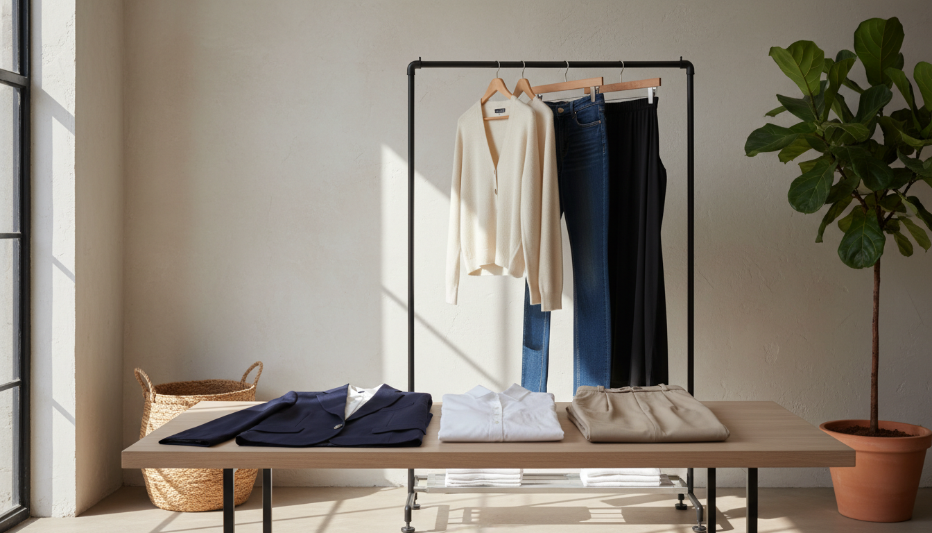 A carefully curated minimalist wardrobe displayed in an elegant setting. In the foreground, feature a wooden table adorned with high-quality clothing pieces: a tailored navy blazer, a crisp white shirt, and a pair of classic beige trousers. The middle ground showcases a neatly organized clothing rack with additional essentials such as a soft cashmere sweater, a pair of dark jeans, and a versatile black dress. In the background, a neutral-toned wall highlights natural textures, like a woven basket or a potted plant, to enhance the serene atmosphere. Soft, diffused daylight streams in from a large window, creating gentle shadows and adding warmth to the scene. The overall mood is tranquil, sophisticated, and aspirational, reflecting the essence of buying less but choosing high-quality items. A carefully curated minimalist wardrobe displayed in an elegant setting. In the foreground, feature a wooden table adorned with high-quality clothing pieces: a tailored navy blazer, a crisp white shirt, and a pair of classic beige trousers. The middle ground showcases a neatly organized clothing rack with additional essentials such as a soft cashmere sweater, a pair of dark jeans, and a versatile black dress. In the background, a neutral-toned wall highlights natural textures, like a woven basket or a potted plant, to enhance the serene atmosphere. Soft, diffused daylight streams in from a large window, creating gentle shadows and adding warmth to the scene. The overall mood is tranquil, sophisticated, and aspirational, reflecting the essence of buying less but choosing high-quality items.