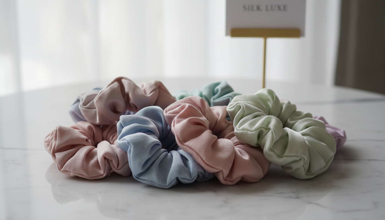A collection of luxury silk scrunchies in soft pastel colors resting on a white marble surface, soft natural lighting, high-quality fabric texture. A collection of luxury silk scrunchies in soft pastel colors resting on a white marble surface, soft natural lighting, high-quality fabric texture.