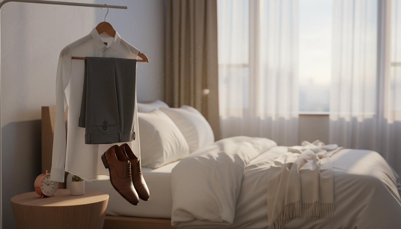 A cozy, well-organized bedroom in the early morning light, capturing the essence of the "Night-Before Strategy for Getting Dressed Faster in the Morning." In the foreground, a neatly arranged outfit hangs on a wooden hanger, consisting of a crisp shirt, tailored pants, and polished shoes, ready for the day. The middle ground features a neatly made bed, with soft, inviting bedding and a bedside table clutter-free, except for a stylish alarm clock. In the background, a softly glowing window reveals the first light of dawn, casting a warm and serene glow across the room. The atmosphere is calm yet efficient, suggesting a sense of peace and preparedness, ideal for starting a busy day. The scene is captured with a warm tone, using natural lighting and a slight lens blur to evoke a feeling of focus and organization. A cozy, well-organized bedroom in the early morning light, capturing the essence of the "Night-Before Strategy for Getting Dressed Faster in the Morning." In the foreground, a neatly arranged outfit hangs on a wooden hanger, consisting of a crisp shirt, tailored pants, and polished shoes, ready for the day. The middle ground features a neatly made bed, with soft, inviting bedding and a bedside table clutter-free, except for a stylish alarm clock. In the background, a softly glowing window reveals the first light of dawn, casting a warm and serene glow across the room. The atmosphere is calm yet efficient, suggesting a sense of peace and preparedness, ideal for starting a busy day. The scene is captured with a warm tone, using natural lighting and a slight lens blur to evoke a feeling of focus and organization.