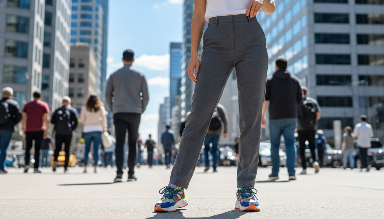 A fashionable individual stands confidently in a modern urban environment, showcasing high-rise straight-leg trousers paired with stylish sneakers. In the foreground, the trousers are tailored perfectly, exhibiting a sleek silhouette that flatters the figure. The sneakers are trendy and colorful, adding a contemporary touch. The middle ground features city elements like a bustling street, with blurred pedestrians to emphasize a dynamic atmosphere. The background displays tall buildings under a bright blue sky, suggesting a sunny day. Soft natural lighting highlights the outfit, casting gentle shadows. Capture the scene from a slightly low angle to enhance the subject's stature, creating an empowering mood that embodies casual yet polished elegance. The overall atmosphere is vibrant and inviting, perfect for a day out in the city. A fashionable individual stands confidently in a modern urban environment, showcasing high-rise straight-leg trousers paired with stylish sneakers. In the foreground, the trousers are tailored perfectly, exhibiting a sleek silhouette that flatters the figure. The sneakers are trendy and colorful, adding a contemporary touch. The middle ground features city elements like a bustling street, with blurred pedestrians to emphasize a dynamic atmosphere. The background displays tall buildings under a bright blue sky, suggesting a sunny day. Soft natural lighting highlights the outfit, casting gentle shadows. Capture the scene from a slightly low angle to enhance the subject's stature, creating an empowering mood that embodies casual yet polished elegance. The overall atmosphere is vibrant and inviting, perfect for a day out in the city.