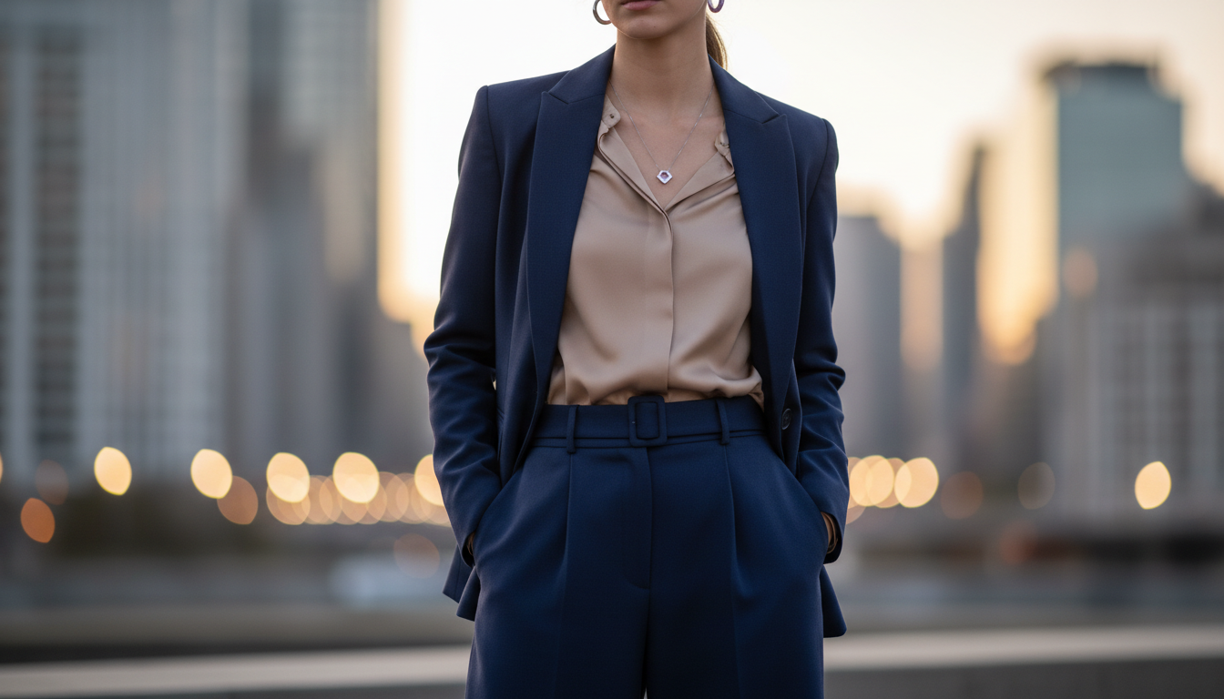 A fashionable young woman stands confidently against a soft, blurred cityscape background. She wears a tailored, minimalist outfit featuring a perfectly fitted blazer over a sleek blouse, and chic high-waisted trousers. The colors are harmoniously selected, with shades of deep blue and muted beige. Her accessories include a matching belt that cinches the waist, elegantly repeating the blue tone, along with delicate silver jewelry that adds sophistication without being overwhelming. Soft, natural lighting illuminates her, highlighting the textures of the fabric and the subtle shine of the jewelry. The scene captures a bright, airy atmosphere, emphasizing a stylish and cohesive look that inspires the viewer. The composition is shot at eye level, focusing clearly on the outfit details, creating an inviting and polished aesthetic. A fashionable young woman stands confidently against a soft, blurred cityscape background. She wears a tailored, minimalist outfit featuring a perfectly fitted blazer over a sleek blouse, and chic high-waisted trousers. The colors are harmoniously selected, with shades of deep blue and muted beige. Her accessories include a matching belt that cinches the waist, elegantly repeating the blue tone, along with delicate silver jewelry that adds sophistication without being overwhelming. Soft, natural lighting illuminates her, highlighting the textures of the fabric and the subtle shine of the jewelry. The scene captures a bright, airy atmosphere, emphasizing a stylish and cohesive look that inspires the viewer. The composition is shot at eye level, focusing clearly on the outfit details, creating an inviting and polished aesthetic.