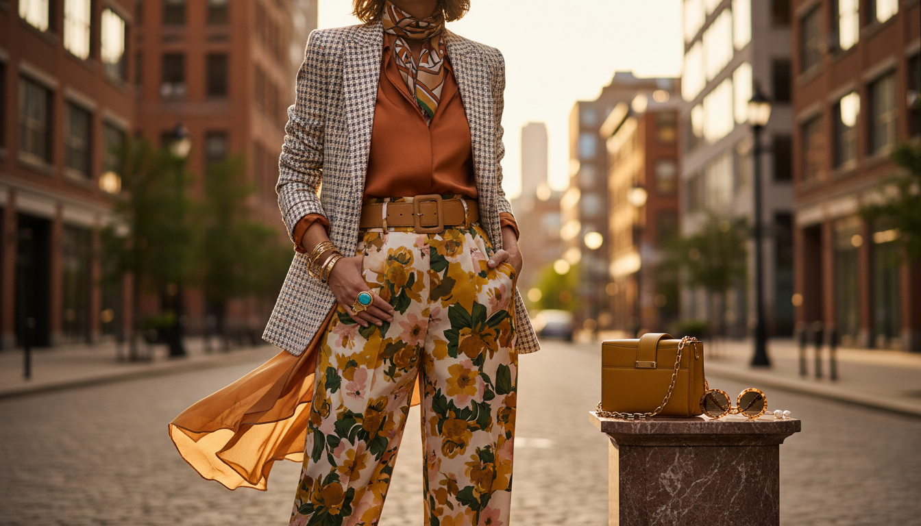 A fashionably dressed woman stands confidently in the foreground, showcasing a well-balanced outfit that expertly combines colors and patterns. She wears a tailored blazer over a streamlined blouse, complemented by high-waisted trousers that create a sophisticated silhouette. The middle ground features an elegantly arranged display of accessories, like a chic handbag and statement jewelry, that enhance her look without overwhelming it. In the background, a softly blurred urban scene with warm, golden hour lighting adds to the inviting atmosphere, creating a sense of harmony and balance. The image captures a dynamic angle, focusing on the subject’s polished appearance, with soft shadows that highlight the textures of her outfit. The overall mood is confident and poised, inspiring viewers to understand and achieve visual balance in their own outfits. A fashionably dressed woman stands confidently in the foreground, showcasing a well-balanced outfit that expertly combines colors and patterns. She wears a tailored blazer over a streamlined blouse, complemented by high-waisted trousers that create a sophisticated silhouette. The middle ground features an elegantly arranged display of accessories, like a chic handbag and statement jewelry, that enhance her look without overwhelming it. In the background, a softly blurred urban scene with warm, golden hour lighting adds to the inviting atmosphere, creating a sense of harmony and balance. The image captures a dynamic angle, focusing on the subject’s polished appearance, with soft shadows that highlight the textures of her outfit. The overall mood is confident and poised, inspiring viewers to understand and achieve visual balance in their own outfits.
