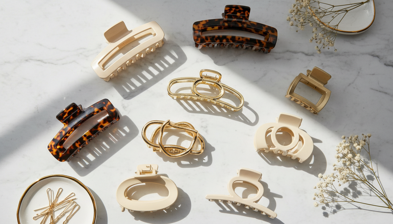 A flat lay photography style showing a collection of aesthetic decorative claw clips for hair in various colors like tortoise shell, matte cream, and gold, arranged on a marble surface with soft natural light. A flat lay photography style showing a collection of aesthetic decorative claw clips for hair in various colors like tortoise shell, matte cream, and gold, arranged on a marble surface with soft natural light.