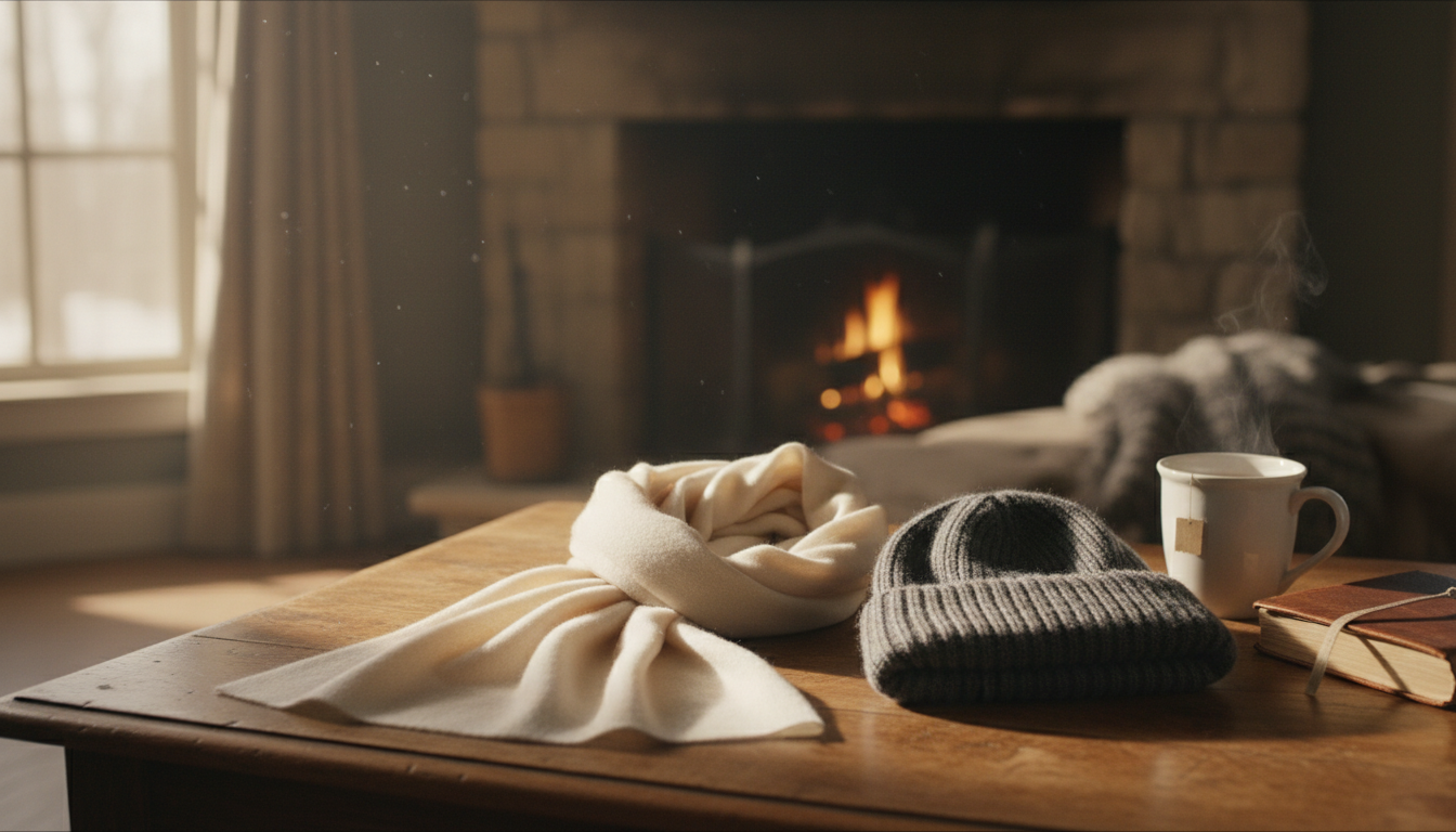 A high-quality cashmere scarf and a sleek merino wool beanie styled on a wooden table with soft winter lighting. A high-quality cashmere scarf and a sleek merino wool beanie styled on a wooden table with soft winter lighting.