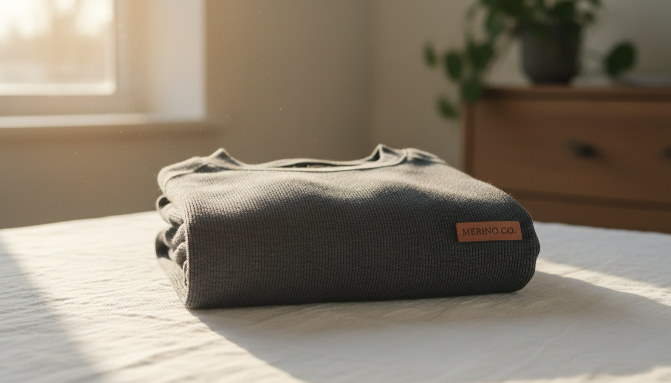 A high-quality, close-up photo of a soft merino wool base layer top in charcoal gray, neatly folded on a white linen surface with soft morning sunlight. A high-quality, close-up photo of a soft merino wool base layer top in charcoal gray, neatly folded on a white linen surface with soft morning sunlight.