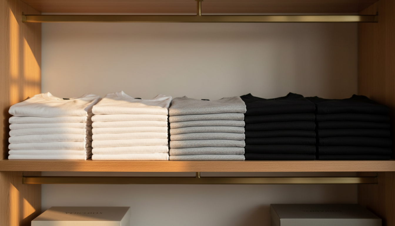 A high-quality lifestyle photo of a woman's organized closet shelf featuring neatly folded classic basic tees and tops in white, soft gray, and black cotton fabrics, warm natural lighting. A high-quality lifestyle photo of a woman's organized closet shelf featuring neatly folded classic basic tees and tops in white, soft gray, and black cotton fabrics, warm natural lighting.