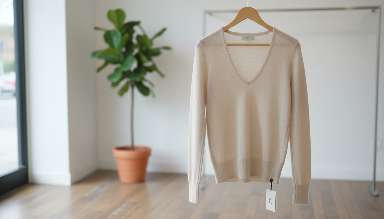 A high-quality, lightweight cashmere sweater in a neutral cream color, styled elegantly on a wooden hanger with soft natural lighting, showcasing its fine texture and thin profile. A high-quality, lightweight cashmere sweater in a neutral cream color, styled elegantly on a wooden hanger with soft natural lighting, showcasing its fine texture and thin profile.