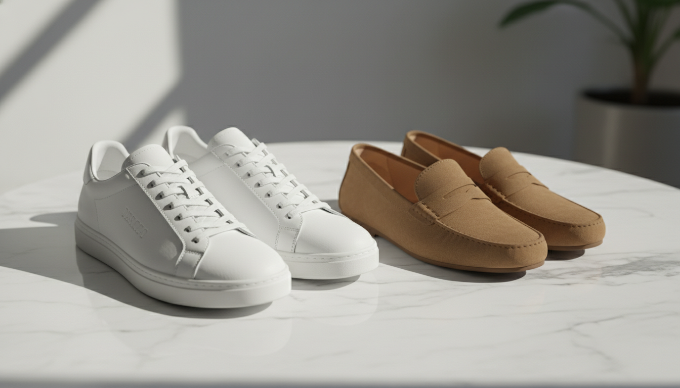 A high-quality pair of white leather sneakers and tan loafers placed on a clean marble surface, soft natural lighting, minimalist aesthetic, 8k resolution. A high-quality pair of white leather sneakers and tan loafers placed on a clean marble surface, soft natural lighting, minimalist aesthetic, 8k resolution.
