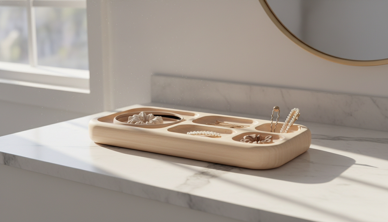 A minimalist hair accessory organizer tray made of light wood sitting on a white vanity with soft morning sunlight streaming through a window. A minimalist hair accessory organizer tray made of light wood sitting on a white vanity with soft morning sunlight streaming through a window.