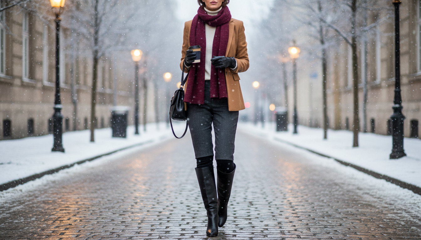 A photograph of a person wearing stylish fleece-lined tights and thermal leggings under slim-fit trousers, paired with elegant tall leather boots in a winter street setting, emphasizing a sleek and warm silhouette. A photograph of a person wearing stylish fleece-lined tights and thermal leggings under slim-fit trousers, paired with elegant tall leather boots in a winter street setting, emphasizing a sleek and warm silhouette.