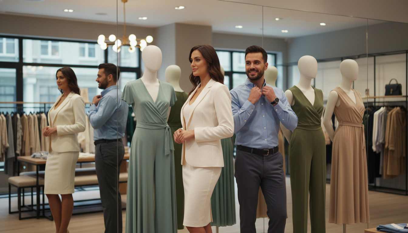 A professional setting showcasing diverse individuals standing in front of mirrors, each wearing flattering, well-fitted clothing that highlights their body proportions. In the foreground, a woman with a confident posture examines her silhouette, dressed in a tailored blazer and a fitted skirt, while a man adjusts his shirt, both displaying a positive body image. In the middle, a variety of dresses and outfits are displayed on mannequins, emphasizing different body shapes and proportions. The background features a soft, well-lit clothing boutique with warm lighting, evoking a welcoming atmosphere. Utilize a shallow depth of field to focus on the subjects while softly blurring the store’s interior, creating an inviting yet professional mood. A professional setting showcasing diverse individuals standing in front of mirrors, each wearing flattering, well-fitted clothing that highlights their body proportions. In the foreground, a woman with a confident posture examines her silhouette, dressed in a tailored blazer and a fitted skirt, while a man adjusts his shirt, both displaying a positive body image. In the middle, a variety of dresses and outfits are displayed on mannequins, emphasizing different body shapes and proportions. The background features a soft, well-lit clothing boutique with warm lighting, evoking a welcoming atmosphere. Utilize a shallow depth of field to focus on the subjects while softly blurring the store’s interior, creating an inviting yet professional mood.