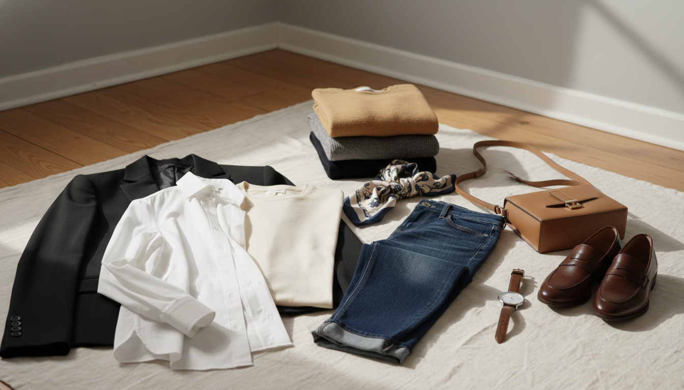 A stylish flat lay arrangement of essential wardrobe basics for versatile outfits. In the foreground, display classic items like a crisp white button-down shirt, a tailored black blazer, dark denim jeans, and a well-fitted neutral t-shirt, arranged elegantly on a soft textured fabric background. Include accessories such as a minimalistic watch, a leather handbag, and a pair of loafers. In the middle, add a few folded cashmere sweaters and a simple silk scarf for added texture. The background should feature a softly blurred, light-filled room with neutral-toned walls and a wooden floor, creating a warm and inviting atmosphere. Use natural light to highlight the fabrics' textures, casting gentle shadows that evoke a sense of comfort and style. A stylish flat lay arrangement of essential wardrobe basics for versatile outfits. In the foreground, display classic items like a crisp white button-down shirt, a tailored black blazer, dark denim jeans, and a well-fitted neutral t-shirt, arranged elegantly on a soft textured fabric background. Include accessories such as a minimalistic watch, a leather handbag, and a pair of loafers. In the middle, add a few folded cashmere sweaters and a simple silk scarf for added texture. The background should feature a softly blurred, light-filled room with neutral-toned walls and a wooden floor, creating a warm and inviting atmosphere. Use natural light to highlight the fabrics' textures, casting gentle shadows that evoke a sense of comfort and style.