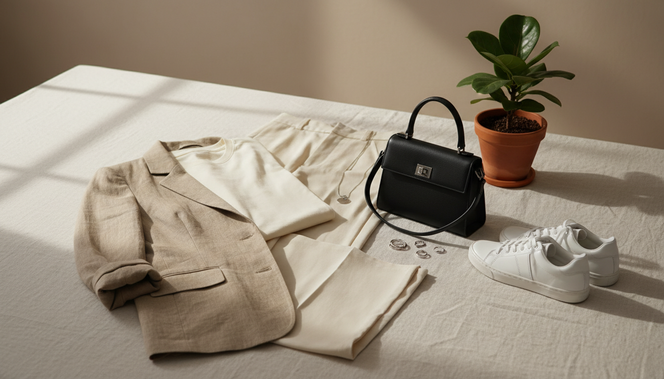 A stylish flat lay featuring a capsule wardrobe showcasing versatile neutral basics, including a tailored beige blazer, soft white t-shirt, cream wide-leg trousers, and minimalist accessories like a black leather handbag and delicate silver jewelry. The foreground should highlight these clothing pieces arranged artistically on a light, textured fabric surface, such as linen. In the middle ground, include a small potted plant, adding a touch of life. The background should be a softly blurred neutral wall, creating a calming atmosphere. Soft, natural light illuminates the scene from the left, creating gentle shadows for depth. The overall mood is serene and organized, reflecting a stress-free approach to building a capsule wardrobe that feels effortlessly chic and timeless. A stylish flat lay featuring a capsule wardrobe showcasing versatile neutral basics, including a tailored beige blazer, soft white t-shirt, cream wide-leg trousers, and minimalist accessories like a black leather handbag and delicate silver jewelry. The foreground should highlight these clothing pieces arranged artistically on a light, textured fabric surface, such as linen. In the middle ground, include a small potted plant, adding a touch of life. The background should be a softly blurred neutral wall, creating a calming atmosphere. Soft, natural light illuminates the scene from the left, creating gentle shadows for depth. The overall mood is serene and organized, reflecting a stress-free approach to building a capsule wardrobe that feels effortlessly chic and timeless.