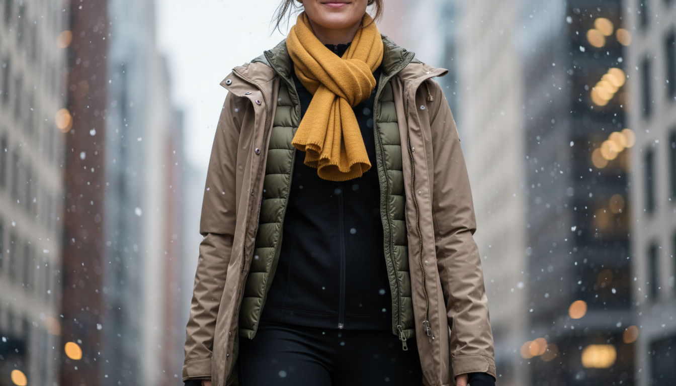 A stylish individual, dressed in a modern 3-layer winter outfit, stands confidently in a cozy urban setting. In the foreground, the subject wears a sleek, fitted thermal base layer under a mid-weight, lightweight insulated vest with a fashionable but functional outer shell jacket. The middle layer slightly peeks out, showcasing textures and colors in harmonious contrast, with a scarf elegantly wrapped around the neck. The background features softly falling snowflakes and a blurred cityscape, creating a warm yet wintry atmosphere. Gentle, diffused sunlight filters through the clouds, highlighting the layers without appearing bulky. The angle is slightly tilted upward, emphasizing the subject against the city backdrop, capturing a sense of seasonal style and practicality without excess bulk. A stylish individual, dressed in a modern 3-layer winter outfit, stands confidently in a cozy urban setting. In the foreground, the subject wears a sleek, fitted thermal base layer under a mid-weight, lightweight insulated vest with a fashionable but functional outer shell jacket. The middle layer slightly peeks out, showcasing textures and colors in harmonious contrast, with a scarf elegantly wrapped around the neck. The background features softly falling snowflakes and a blurred cityscape, creating a warm yet wintry atmosphere. Gentle, diffused sunlight filters through the clouds, highlighting the layers without appearing bulky. The angle is slightly tilted upward, emphasizing the subject against the city backdrop, capturing a sense of seasonal style and practicality without excess bulk.