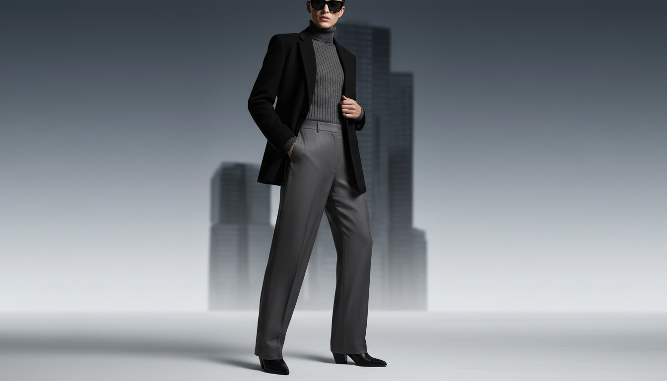 A stylish individual wearing a chic monochrome outfit, showcasing a blend of textures, such as a tailored black blazer, a fitted turtleneck, and sleek trousers, all in varying shades of gray. The figure stands confidently in the foreground, slightly turned to create a dynamic pose, exuding sophistication. Soft, diffused lighting highlights the outfit's details, casting gentle shadows that add depth. In the middle, a minimalistic urban setting with blurred outlines of modern buildings suggests an upscale environment. The background features a subtle gradient in shades of gray, enhancing the monochrome theme without distraction. The overall mood is polished and contemporary, ideal for illustrating modern monochrome dressing in an elegant and approachable way.