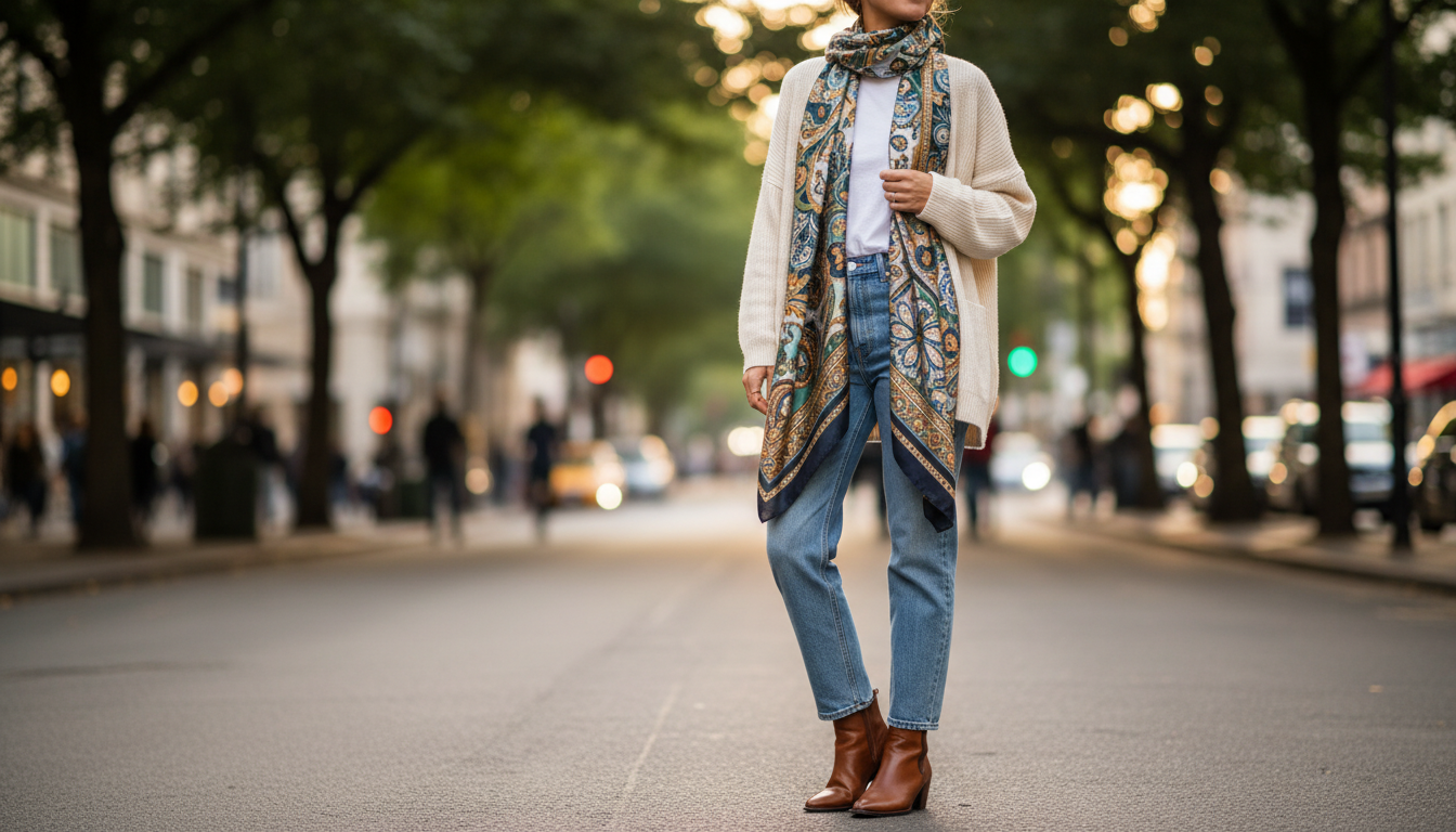 A stylish layered outfit perfect for daily wear, featuring a light, oversized beige cardigan over a fitted white t-shirt, paired with high-waisted light blue jeans. Incorporate an elegant, long patterned scarf draped casually around the neck, and ankle boots to complete the look. The model stands in an urban setting, with a soft sunlight filtering through nearby trees, creating a warm and inviting atmosphere. The composition showcases the outfit from a three-quarter angle, highlighting both the layers and the details of the accessories. Background elements include a blurred city street with people, emphasizing the hustle and bustle of daily life. Aim for a casual yet chic vibe, ideal for effortlessly transitioning from day to evening. A stylish layered outfit perfect for daily wear, featuring a light, oversized beige cardigan over a fitted white t-shirt, paired with high-waisted light blue jeans. Incorporate an elegant, long patterned scarf draped casually around the neck, and ankle boots to complete the look. The model stands in an urban setting, with a soft sunlight filtering through nearby trees, creating a warm and inviting atmosphere. The composition showcases the outfit from a three-quarter angle, highlighting both the layers and the details of the accessories. Background elements include a blurred city street with people, emphasizing the hustle and bustle of daily life. Aim for a casual yet chic vibe, ideal for effortlessly transitioning from day to evening.