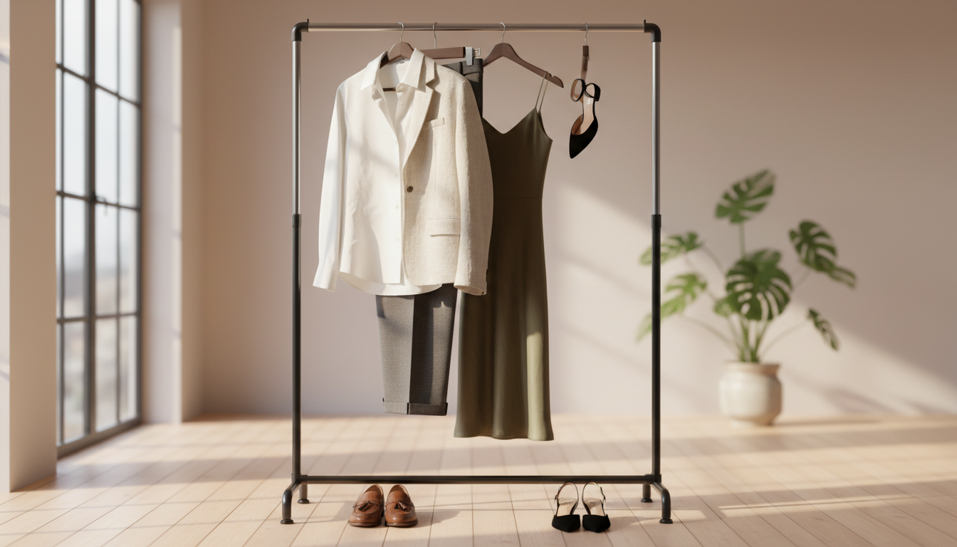 A stylish, minimalistic wardrobe featuring three well-coordinated outfits on a sleek, modern clothing rack. The foreground showcases a casual yet polished look with a crisp white shirt, tailored trousers, and a versatile blazer. In the middle area, include a contemporary dress that balances elegance with simplicity, and a pair of chic flats. The background is softly blurred, highlighting a light and airy room with natural wood flooring and large windows allowing warm sunlight to flood the space, creating a cozy atmosphere. Use a shallow depth of field to focus on the outfits while maintaining a soft bokeh effect. The overall mood is inviting, emphasizing the concept of dressing effectively with fewer clothes, embodying style and practicality. A stylish, minimalistic wardrobe featuring three well-coordinated outfits on a sleek, modern clothing rack. The foreground showcases a casual yet polished look with a crisp white shirt, tailored trousers, and a versatile blazer. In the middle area, include a contemporary dress that balances elegance with simplicity, and a pair of chic flats. The background is softly blurred, highlighting a light and airy room with natural wood flooring and large windows allowing warm sunlight to flood the space, creating a cozy atmosphere. Use a shallow depth of field to focus on the outfits while maintaining a soft bokeh effect. The overall mood is inviting, emphasizing the concept of dressing effectively with fewer clothes, embodying style and practicality.