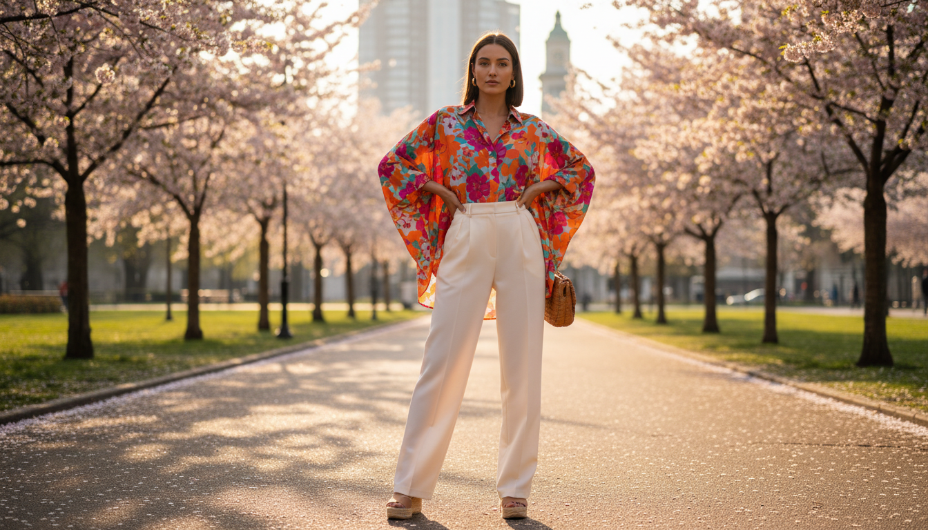 A stylish model in loose, flowing clothing standing confidently in a city park. The foreground features the model wearing a vibrant, oversized shirt paired with tailored high-waisted trousers, exemplifying the "balance trick". Her relaxed stance, with one hand on her hip, highlights her outfit's silhouette. The middle ground shows a sunlit path lined with blooming trees, casting dappled light. In the background, soft-focus urban scenery adds depth without distraction. The scene is bathed in warm, golden hour lighting, creating an inviting atmosphere. The overall mood is chic and approachable, emphasizing the harmony between comfort and elegance in loose fashion. Shot with a shallow depth of field to draw focus on the model. A stylish model in loose, flowing clothing standing confidently in a city park. The foreground features the model wearing a vibrant, oversized shirt paired with tailored high-waisted trousers, exemplifying the "balance trick". Her relaxed stance, with one hand on her hip, highlights her outfit's silhouette. The middle ground shows a sunlit path lined with blooming trees, casting dappled light. In the background, soft-focus urban scenery adds depth without distraction. The scene is bathed in warm, golden hour lighting, creating an inviting atmosphere. The overall mood is chic and approachable, emphasizing the harmony between comfort and elegance in loose fashion. Shot with a shallow depth of field to draw focus on the model.