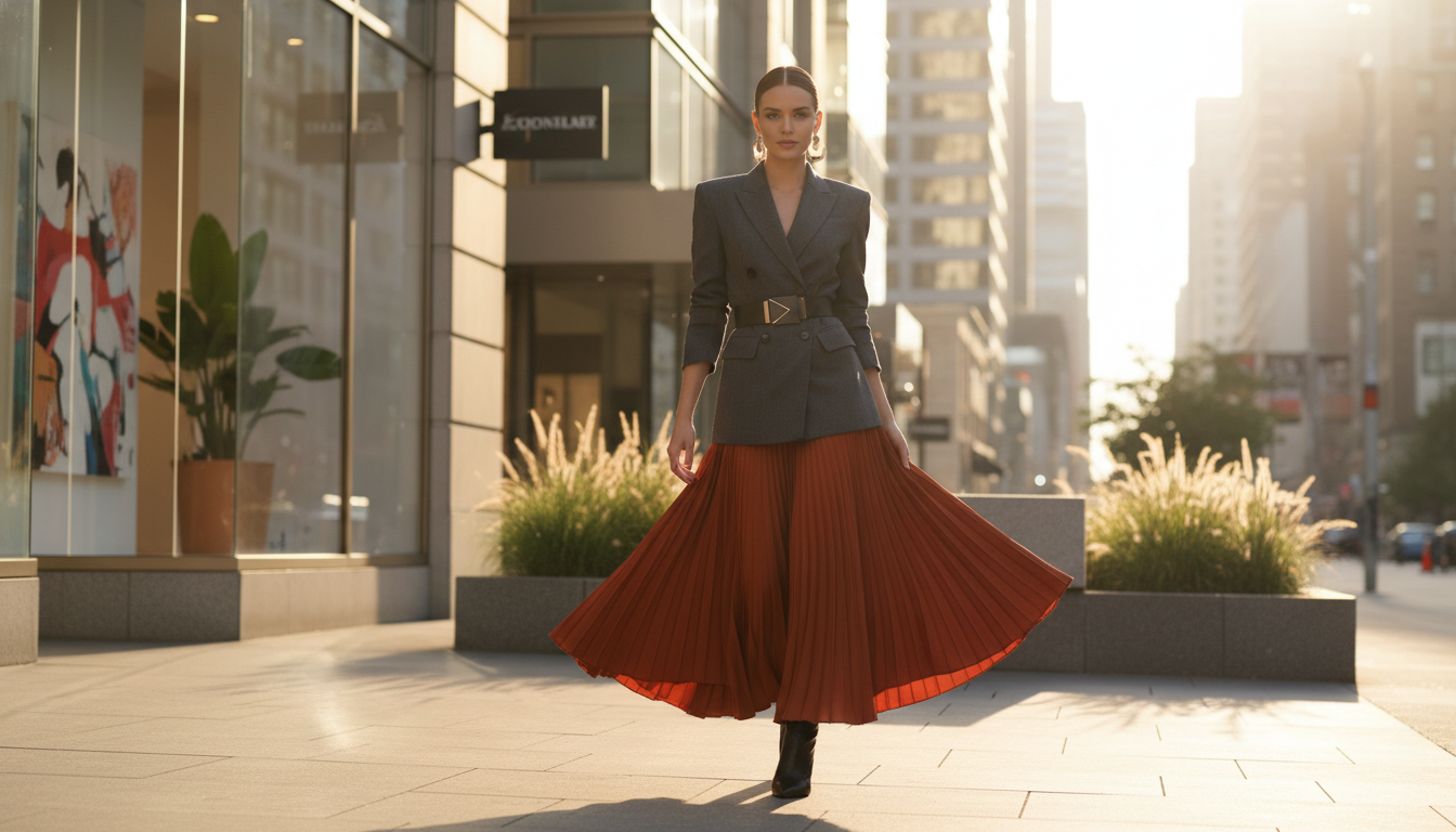 A stylish model stands confidently in a well-lit, modern urban setting, showcasing a thoughtfully balanced outfit. The foreground features a close-up of the model, dressed in a fitted blazer paired with a flared skirt, creating an interesting play of volume and proportion. The middle ground consists of vibrant city elements, such as trendy shops and greenery, adding to the atmosphere of style and sophistication. The background reveals a soft-focus skyline under golden hour sunlight, enhancing the warmth and depth of the image. The lighting is natural and flattering, casting gentle shadows that emphasize the outfit’s silhouette. Overall, the mood conveys confidence and elegance, perfectly illustrating the concept of balancing volume in fashion. A stylish model stands confidently in a well-lit, modern urban setting, showcasing a thoughtfully balanced outfit. The foreground features a close-up of the model, dressed in a fitted blazer paired with a flared skirt, creating an interesting play of volume and proportion. The middle ground consists of vibrant city elements, such as trendy shops and greenery, adding to the atmosphere of style and sophistication. The background reveals a soft-focus skyline under golden hour sunlight, enhancing the warmth and depth of the image. The lighting is natural and flattering, casting gentle shadows that emphasize the outfit’s silhouette. Overall, the mood conveys confidence and elegance, perfectly illustrating the concept of balancing volume in fashion.