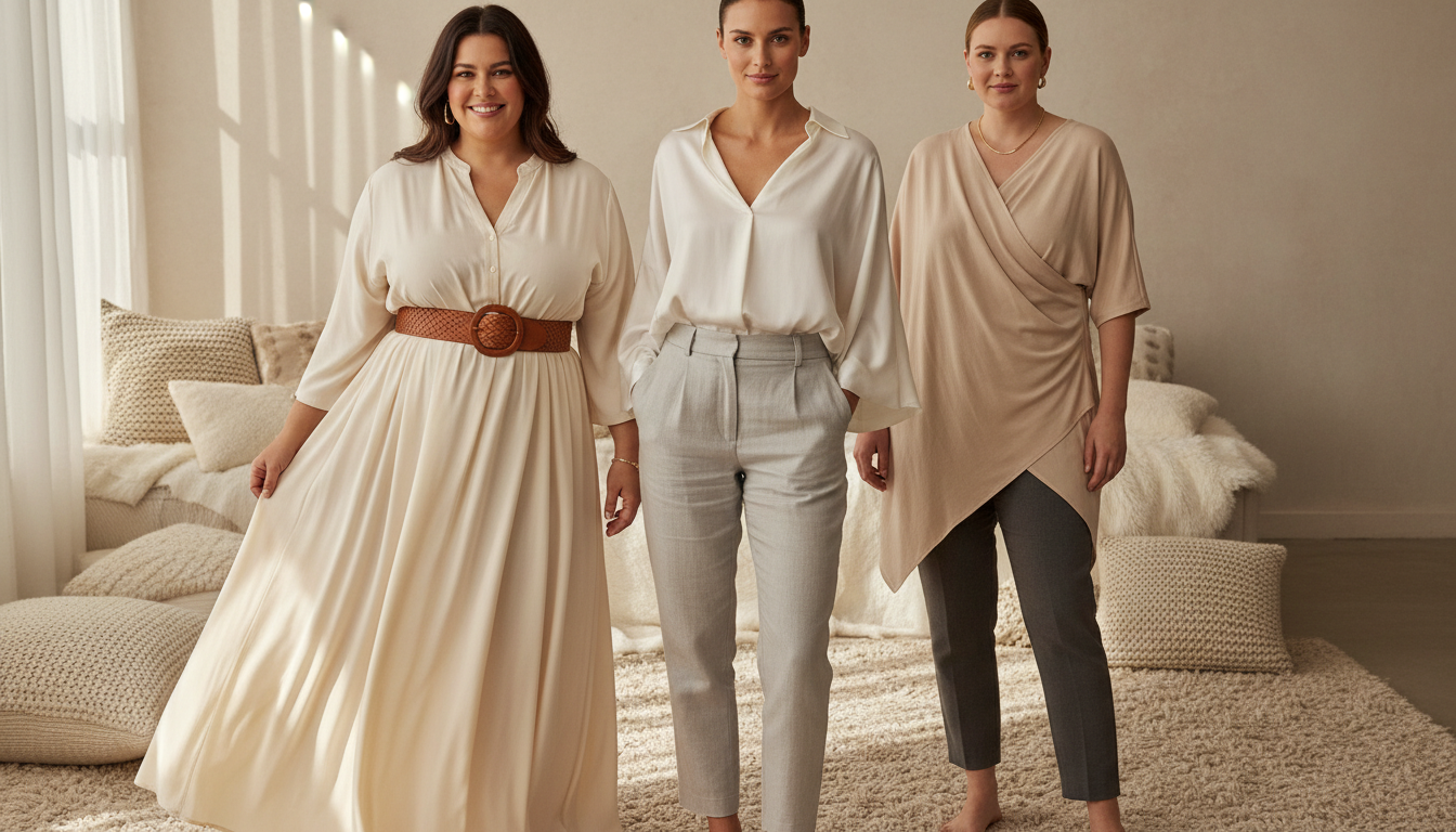 A stylish scene showcasing three women of diverse body shapes, dressed in loose, elegant clothing that flatters their figures. In the foreground, a woman with an hourglass shape wears a flowing, belted maxi dress; the second woman, with an athletic build, sports a relaxed-fit blouse paired with tailored trousers; the third, with a pear-shaped figure, is seen in a draped tunic over tapered pants. The middle ground features a soft, neutral-toned backdrop of a cozy, sunlit room with soft textiles. The lighting is warm and inviting, creating a friendly atmosphere. The image is captured from a slightly elevated angle, emphasizing the graceful flow of the fabrics and the confidence of each woman, radiating style and self-assuredness. A stylish scene showcasing three women of diverse body shapes, dressed in loose, elegant clothing that flatters their figures. In the foreground, a woman with an hourglass shape wears a flowing, belted maxi dress; the second woman, with an athletic build, sports a relaxed-fit blouse paired with tailored trousers; the third, with a pear-shaped figure, is seen in a draped tunic over tapered pants. The middle ground features a soft, neutral-toned backdrop of a cozy, sunlit room with soft textiles. The lighting is warm and inviting, creating a friendly atmosphere. The image is captured from a slightly elevated angle, emphasizing the graceful flow of the fabrics and the confidence of each woman, radiating style and self-assuredness.
