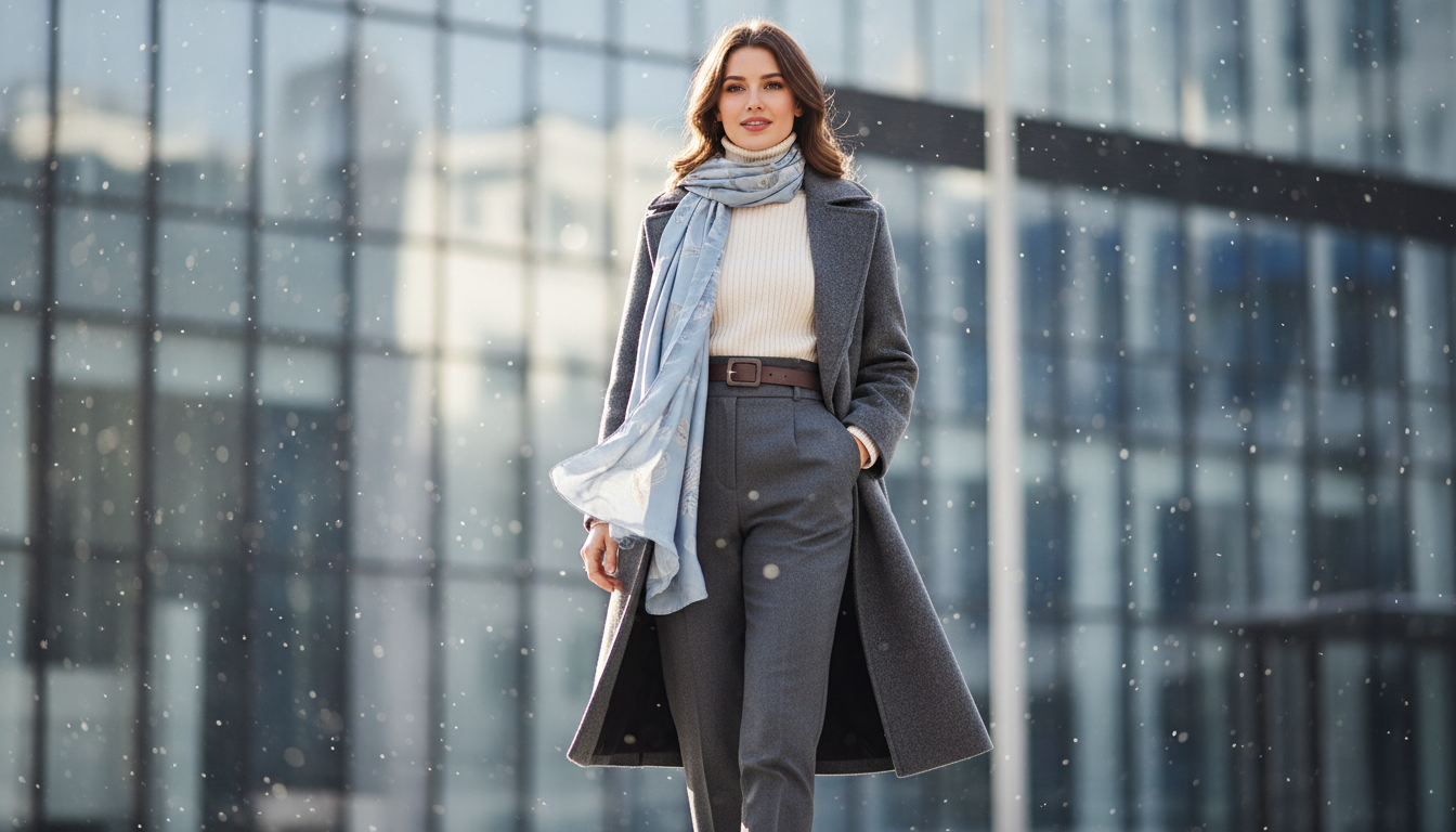 A stylish woman confidently poses in a chic winter outfit, showcasing layered clothing that maintains a sleek silhouette. She wears a fitted turtleneck sweater under a tailored, slightly oversized wool coat with a belt that highlights her waist. Her ensemble is complemented by a lightweight scarf and elegant, form-fitted trousers. The scene captures her in an outdoor urban setting, with lightly falling snowflakes creating a soft, dreamy atmosphere. The background features a blurred image of modern buildings, enhancing the focus on her figure. Natural light casts a soft glow, illuminating her face and the textures of her layers. The camera captures her from a slight low angle, emphasizing her stylish and composed demeanor while conveying a sense of elegance amidst winter. A stylish woman confidently poses in a chic winter outfit, showcasing layered clothing that maintains a sleek silhouette. She wears a fitted turtleneck sweater under a tailored, slightly oversized wool coat with a belt that highlights her waist. Her ensemble is complemented by a lightweight scarf and elegant, form-fitted trousers. The scene captures her in an outdoor urban setting, with lightly falling snowflakes creating a soft, dreamy atmosphere. The background features a blurred image of modern buildings, enhancing the focus on her figure. Natural light casts a soft glow, illuminating her face and the textures of her layers. The camera captures her from a slight low angle, emphasizing her stylish and composed demeanor while conveying a sense of elegance amidst winter.
