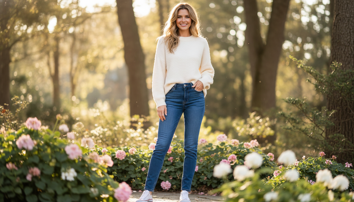 A stylish woman standing confidently in a lush, sunlit outdoor setting, showcasing her favorite well-fitted jeans. She has a relaxed yet chic outfit, pairing her jeans with a soft, oversized cream sweater and casual sneakers. Her hair is styled in loose waves, and she’s smiling naturally, exuding a sense of ease and comfort. The foreground features her full body, emphasizing her casual yet fashionable look. In the middle ground, there are hints of blooming flowers and greenery, adding a refreshing touch to the scene. The background is subtly blurred, allowing the focus to remain on her, with gentle warm sunlight filtering through the trees, creating an inviting atmosphere. The overall mood is casual and inspiring, perfect for illustrating daily fashion choices.