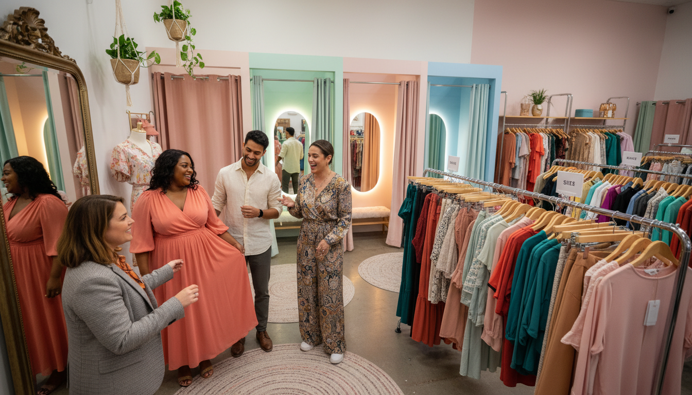 A warm and inviting clothing store interior, showcasing a diverse range of stylish outfits suitable for various body shapes. In the foreground, a friendly sales associate is assisting a diverse group of three customers, all dressed in professional casual attire, as they hold different clothing options up to the mirror, smiling with excitement. The middle section features clothing racks filled with vibrant, well-organized garments in various sizes. The softly lit background reveals a fitting room area with flattering wall mirrors and soft pastel colors. The atmosphere is uplifting and encouraging, promoting body positivity and confidence in fashion choices. The angle is slightly tilted, capturing the dynamic interaction and joyful expressions of the shoppers. A warm and inviting clothing store interior, showcasing a diverse range of stylish outfits suitable for various body shapes. In the foreground, a friendly sales associate is assisting a diverse group of three customers, all dressed in professional casual attire, as they hold different clothing options up to the mirror, smiling with excitement. The middle section features clothing racks filled with vibrant, well-organized garments in various sizes. The softly lit background reveals a fitting room area with flattering wall mirrors and soft pastel colors. The atmosphere is uplifting and encouraging, promoting body positivity and confidence in fashion choices. The angle is slightly tilted, capturing the dynamic interaction and joyful expressions of the shoppers.