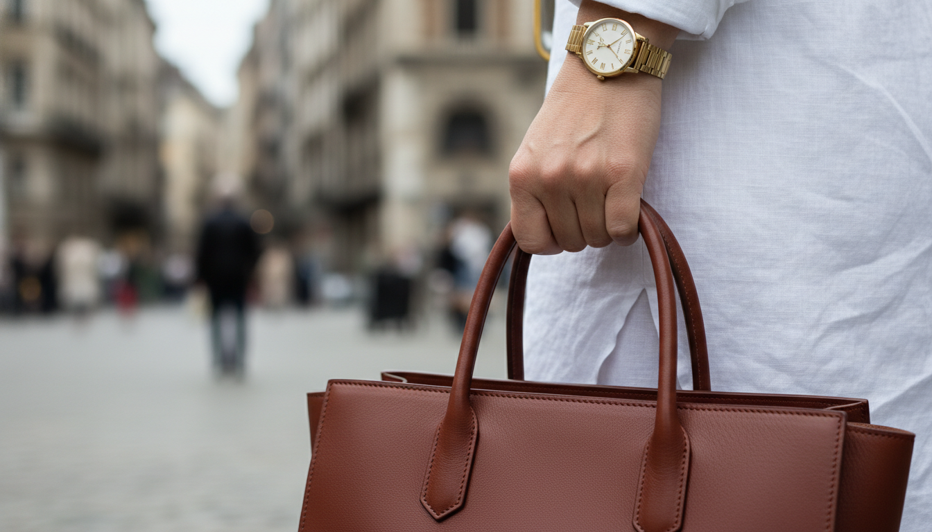 A woman's hand holding a structured cognac leather tote bag, wearing a simple gold watch and white linen shirt, urban background, street style photography. A woman's hand holding a structured cognac leather tote bag, wearing a simple gold watch and white linen shirt, urban background, street style photography.