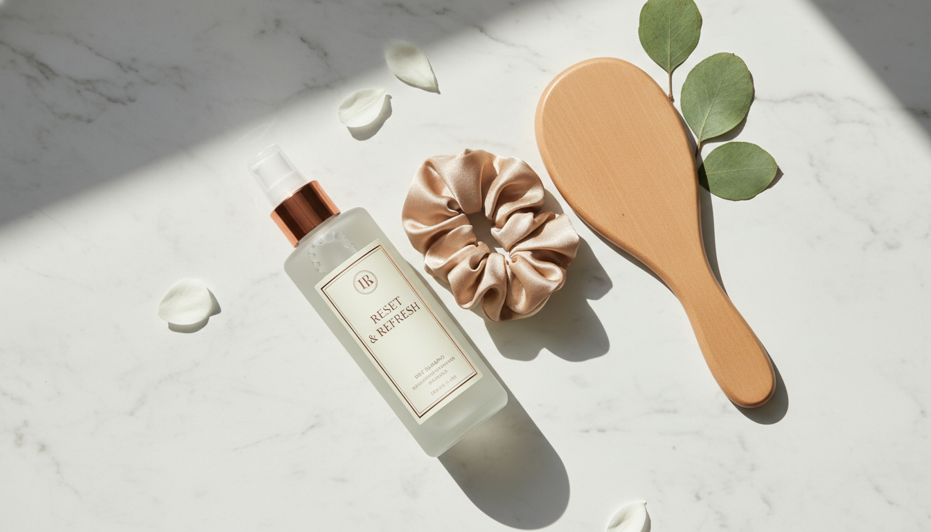 An aesthetic flat lay of a high-quality dry shampoo bottle next to a silk scrunchie and a wooden hairbrush on a white marble surface, soft natural morning light. An aesthetic flat lay of a high-quality dry shampoo bottle next to a silk scrunchie and a wooden hairbrush on a white marble surface, soft natural morning light.