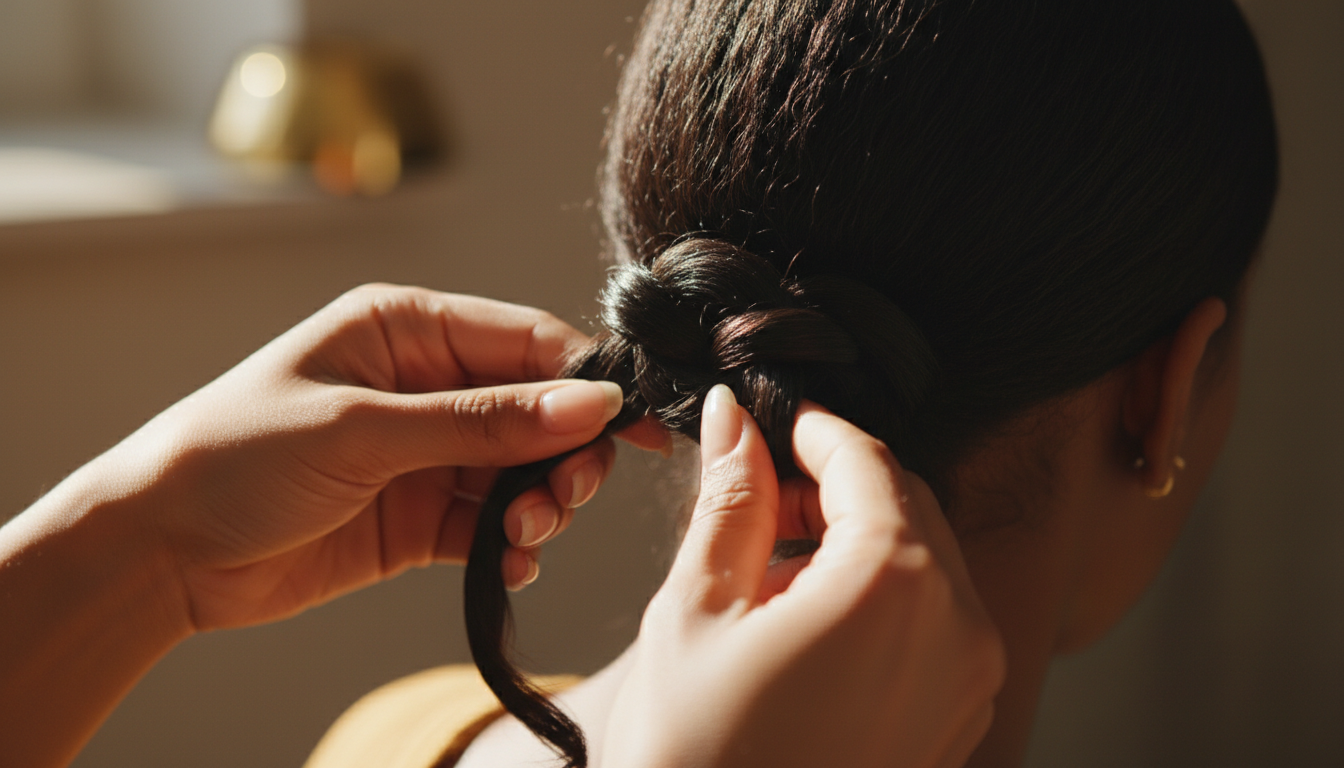 Close-up of a woman's hands expertly twisting hair into a knotless coil at the nape of the neck, soft focus, warm tones. Close-up of a woman's hands expertly twisting hair into a knotless coil at the nape of the neck, soft focus, warm tones.