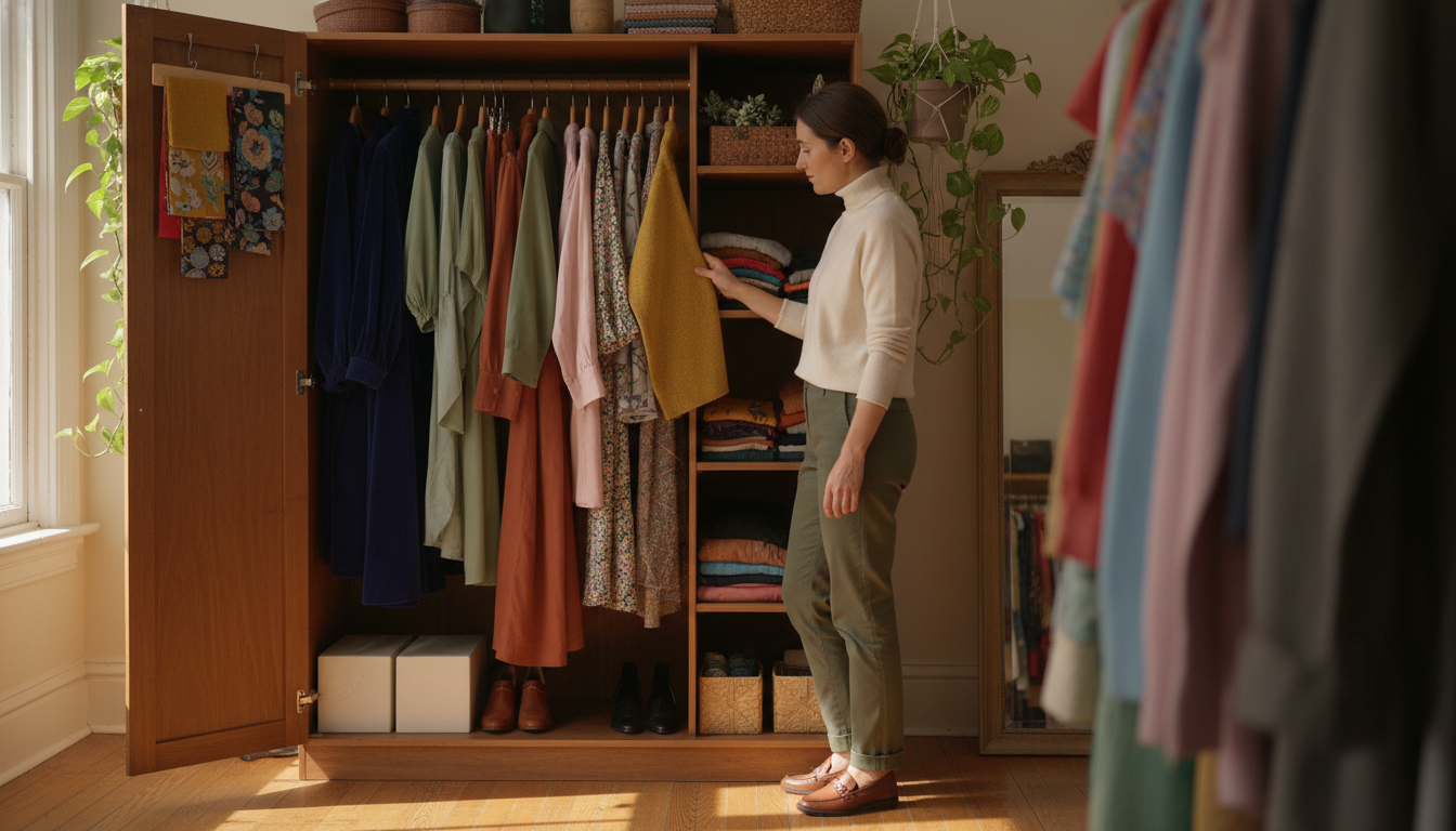 In a cozy, well-lit room filled with a warm, inviting atmosphere, a person stands at a wooden wardrobe, thoughtfully contemplating a selection of colorful clothing. The foreground features an open wardrobe showcasing neatly arranged garments in a spectrum of colors, emphasizing various hues like deep blues, rich greens, warm earth tones, and soft pastels. In the middle, the individual, dressed in smart casual attire, lightly touches a few fabric swatches, displaying a focused yet relaxed expression. The background is softly blurred, hinting at decor accents like hanging plants and a full-length mirror reflecting the vibrant ensemble. Natural light filters in from a window, casting gentle shadows and enhancing the mood of creativity and self-discovery. The overall feel is serene and inspiring, promoting a sense of empowerment in personal style choices. In a cozy, well-lit room filled with a warm, inviting atmosphere, a person stands at a wooden wardrobe, thoughtfully contemplating a selection of colorful clothing. The foreground features an open wardrobe showcasing neatly arranged garments in a spectrum of colors, emphasizing various hues like deep blues, rich greens, warm earth tones, and soft pastels. In the middle, the individual, dressed in smart casual attire, lightly touches a few fabric swatches, displaying a focused yet relaxed expression. The background is softly blurred, hinting at decor accents like hanging plants and a full-length mirror reflecting the vibrant ensemble. Natural light filters in from a window, casting gentle shadows and enhancing the mood of creativity and self-discovery. The overall feel is serene and inspiring, promoting a sense of empowerment in personal style choices.