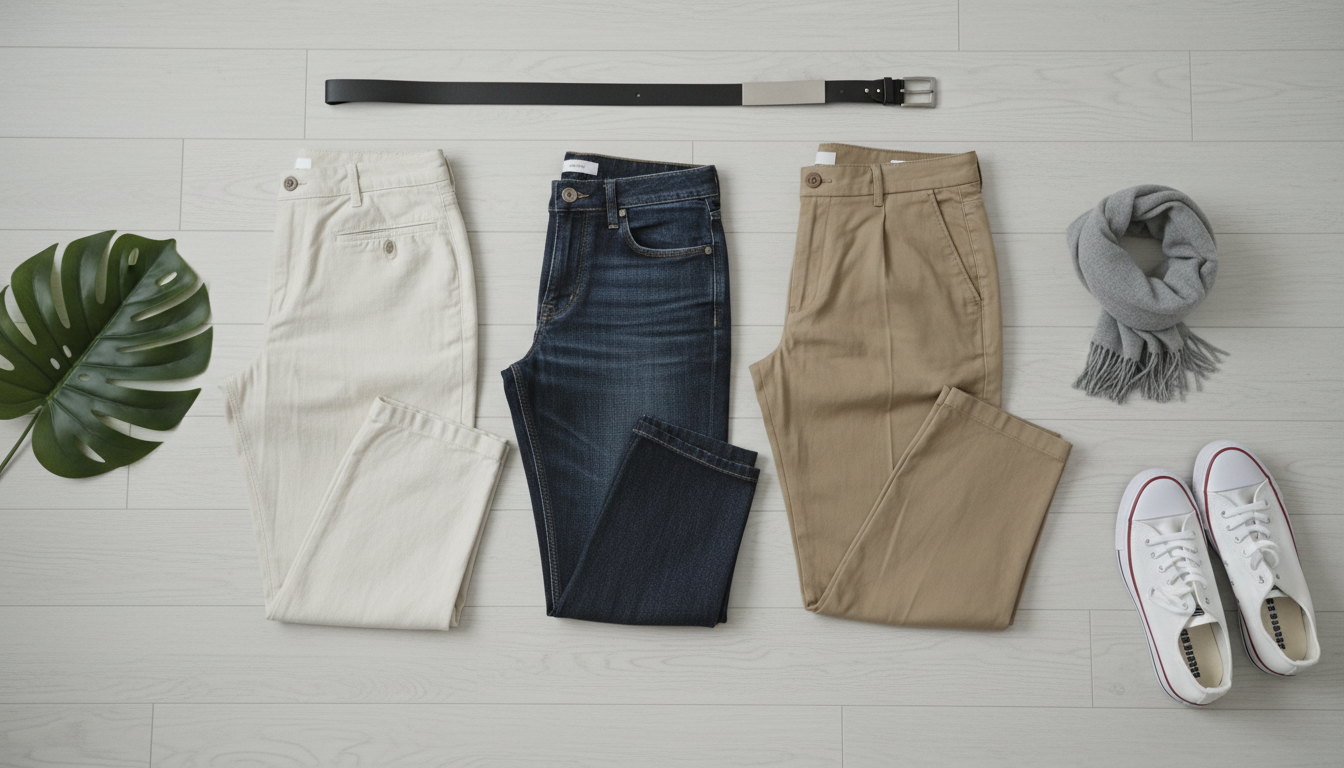 Minimalist flat lay of versatile neutral pants and jeans including dark wash denim and tan chinos on a light wooden background, clean and modern style. Minimalist flat lay of versatile neutral pants and jeans including dark wash denim and tan chinos on a light wooden background, clean and modern style.